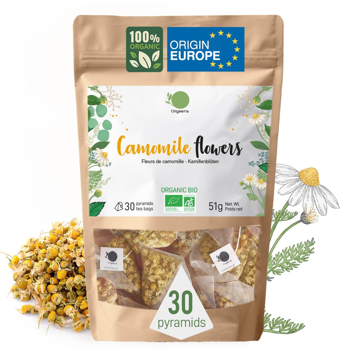 ORIGEENS Thé aux Fleurs de Camomille Bio d'Europe, 100 g | Thé en feuilles, thé biologique pour le sommeil et la digestion | Camomille allemande | Certifié et emballé en Allemagne