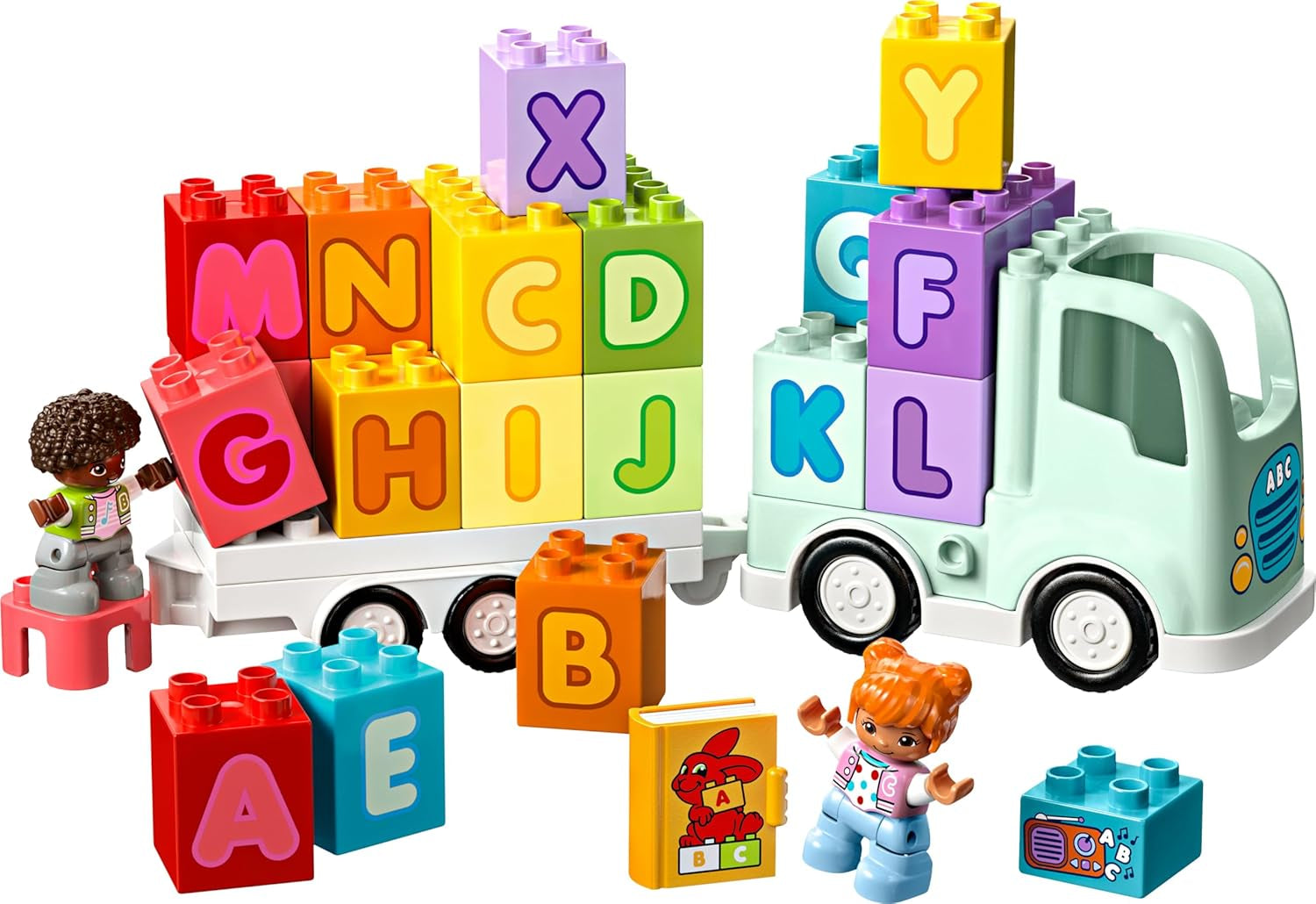 LEGO DUPLO Town ABC Truck, jeu de simulation pour petits enfants à partir de 2 ans, jeu ABC-LKW avec crochets et supports en bois, plus figurines d'un jeune et d'une fille, jeu pour enfants 10421