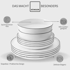 SANGER | Marlo Service de table à bords noirs et blancs, service de table 18 pièces en porcelaine pour 6 personnes, blanc avec accents noirs, assiettes plates, assiettes à dessert et bols, design moderne | LA COLLECTION PREMIUM