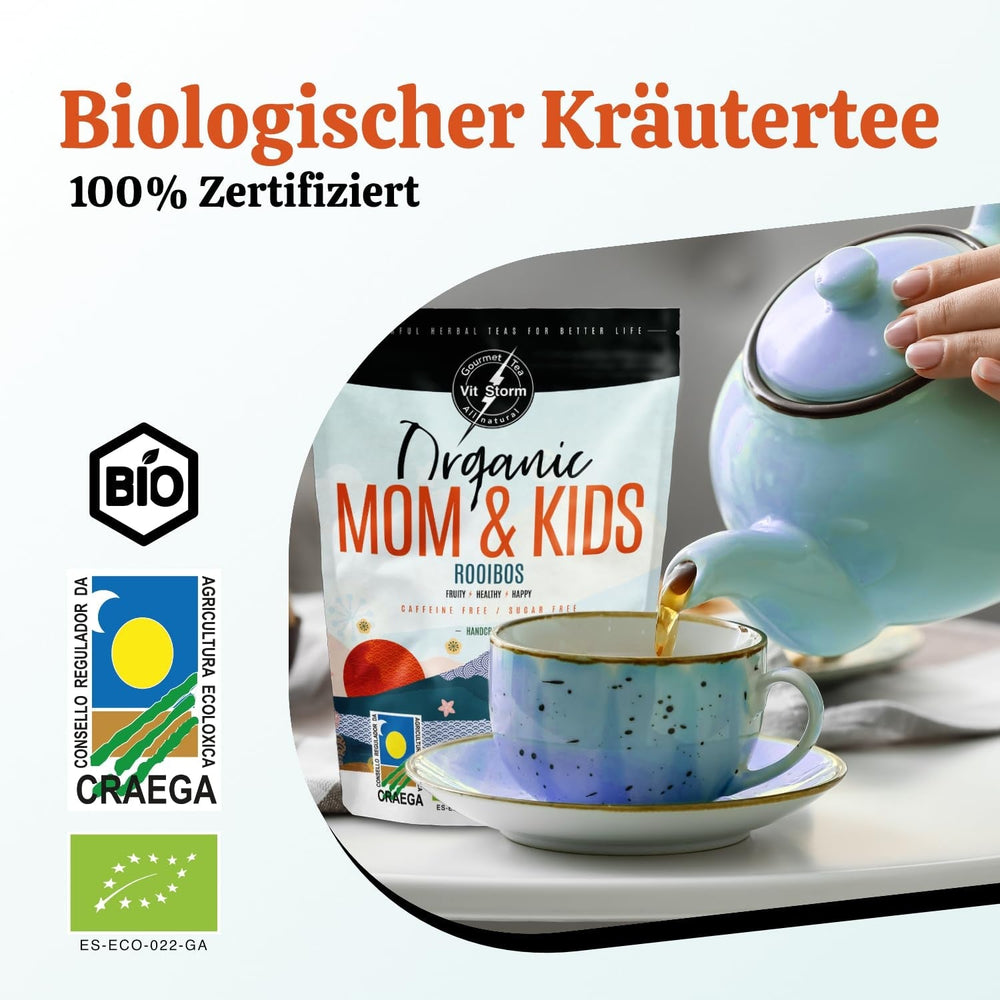 VITSTORM® BIO TEE Mom & Kids - Thé pour femme et allaitement - Rooibos, pomme, fenouil, mélisse, alchémille, fraise - Thé relaxant - Fruité et délicieux - Sans caféine - Tisane 100 g