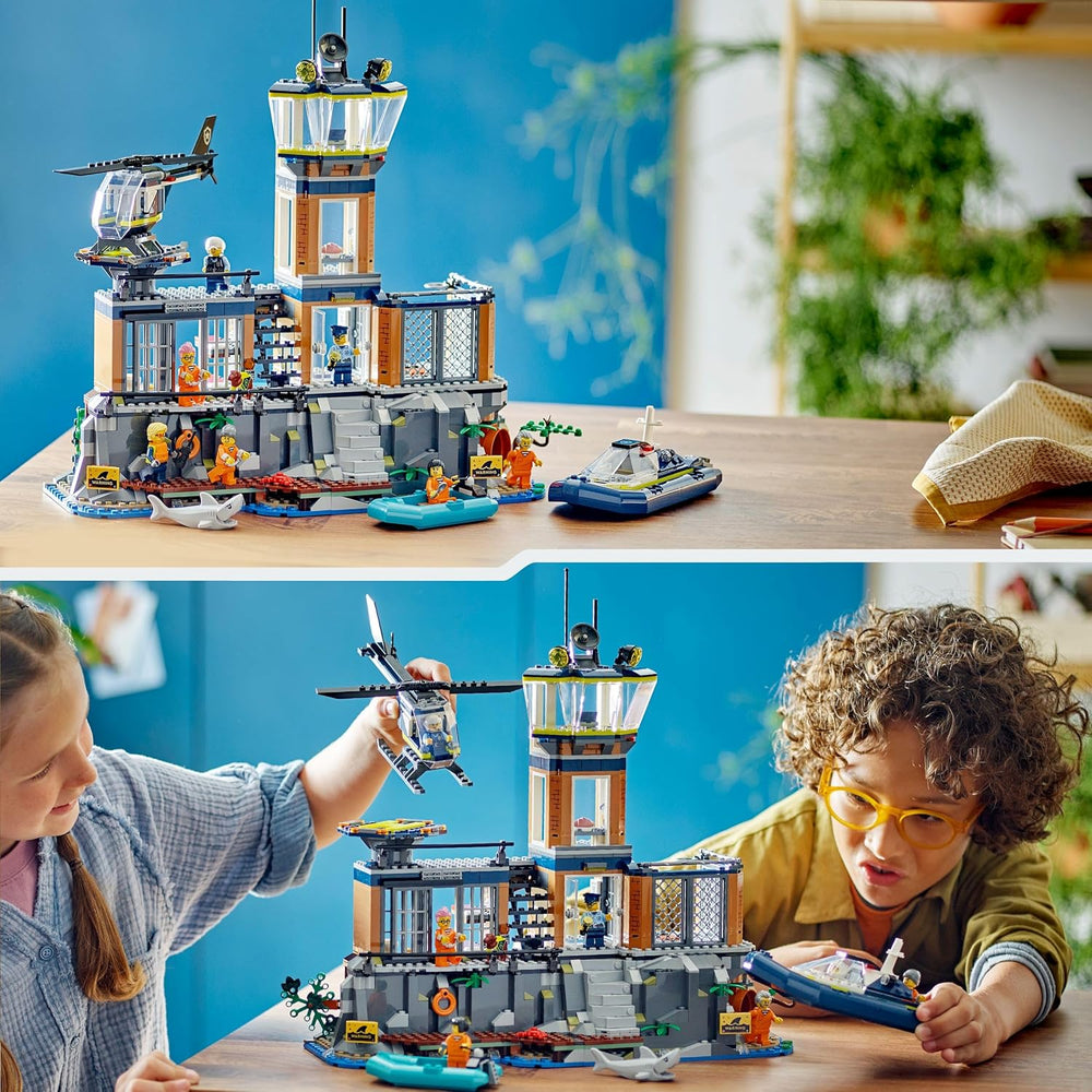 LEGO City Poste de police sur l'île-prison, jouet de police avec hélicoptère, botte et Hai, ensemble avec 7 figurines et chien, cadeau d'anniversaire pour garçons et filles à partir de 7 ans 60419