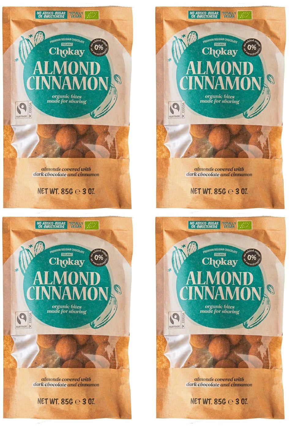Ensemble de 4 bouchées biologiques - Amandes à la cannelle/Amandes à la cannelle dans du chocolat noir belge/Sans sucre ajouté, sans édulcorants/VEGAN & FAIR COMMERCE / 4 x 85g