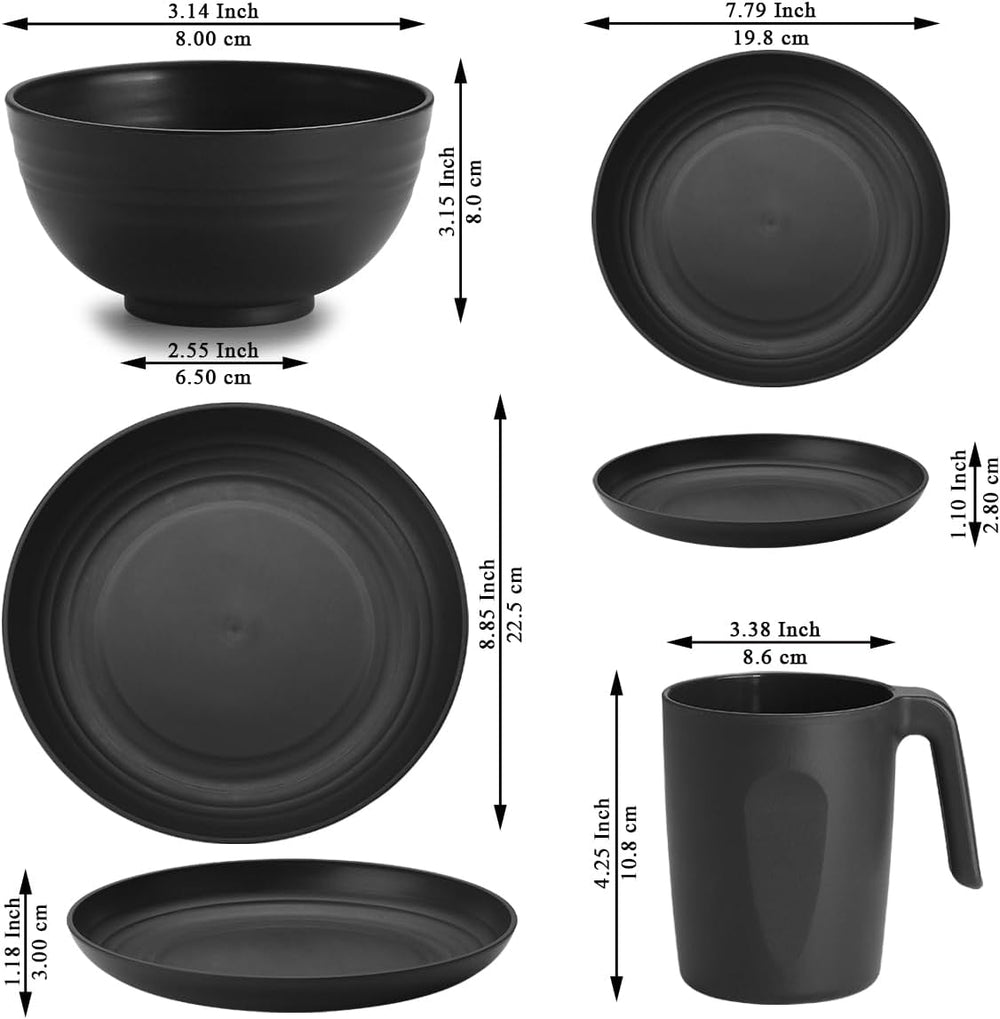 Berglander Service de table 24 pièces en plastique noir pour 6 assiettes et bols réutilisables comprenant des assiettes plates, des assiettes à dessert, des bols à céréales et des tasses pour la maison, le jardin et les pique-niques