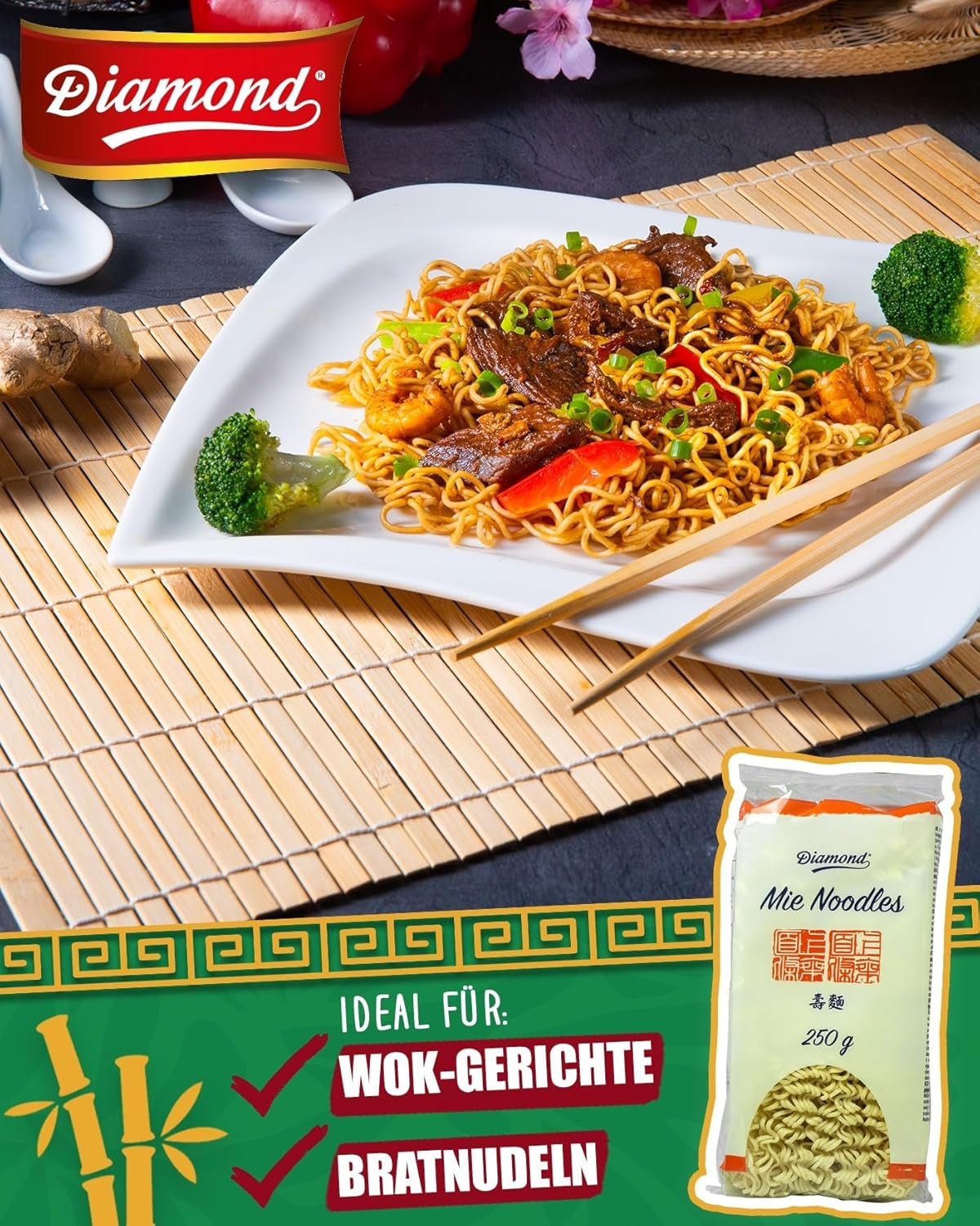 DIAMOND Mie Noodles, nouilles de blé sans œuf, rapides et faciles à préparer, végétariennes - 8 x 250 g