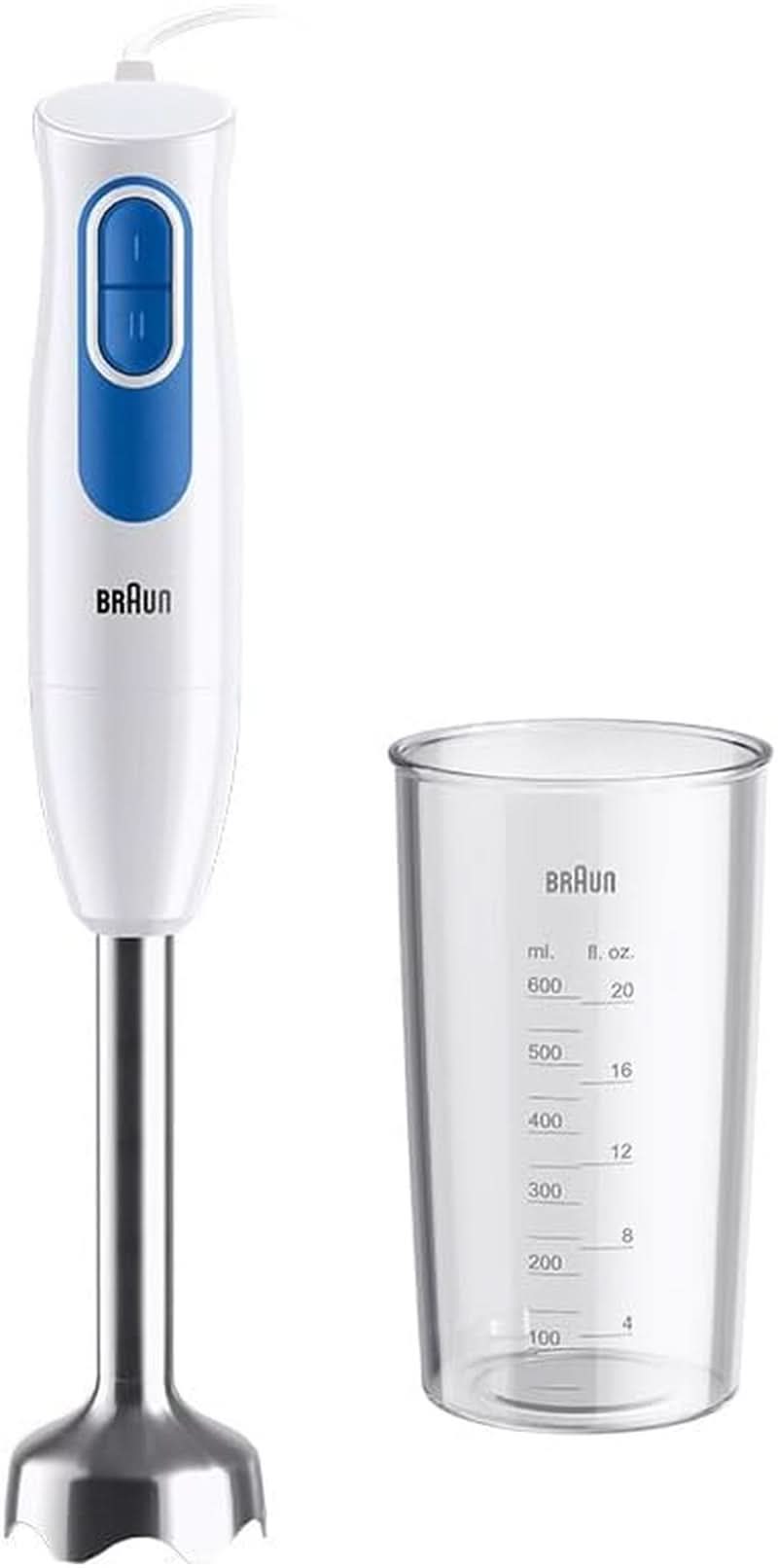 Braun Stabmixer MQ10.001M Multiquick 1 - Extra Leichter Pürierstab Mit Edelstahl-Mixfuß Und Easytwist System, Inkl. 600 Ml Mix- & Messbecher, 450 Watt, Weiß Mama si Copilul Naty Shop Mq20.001M