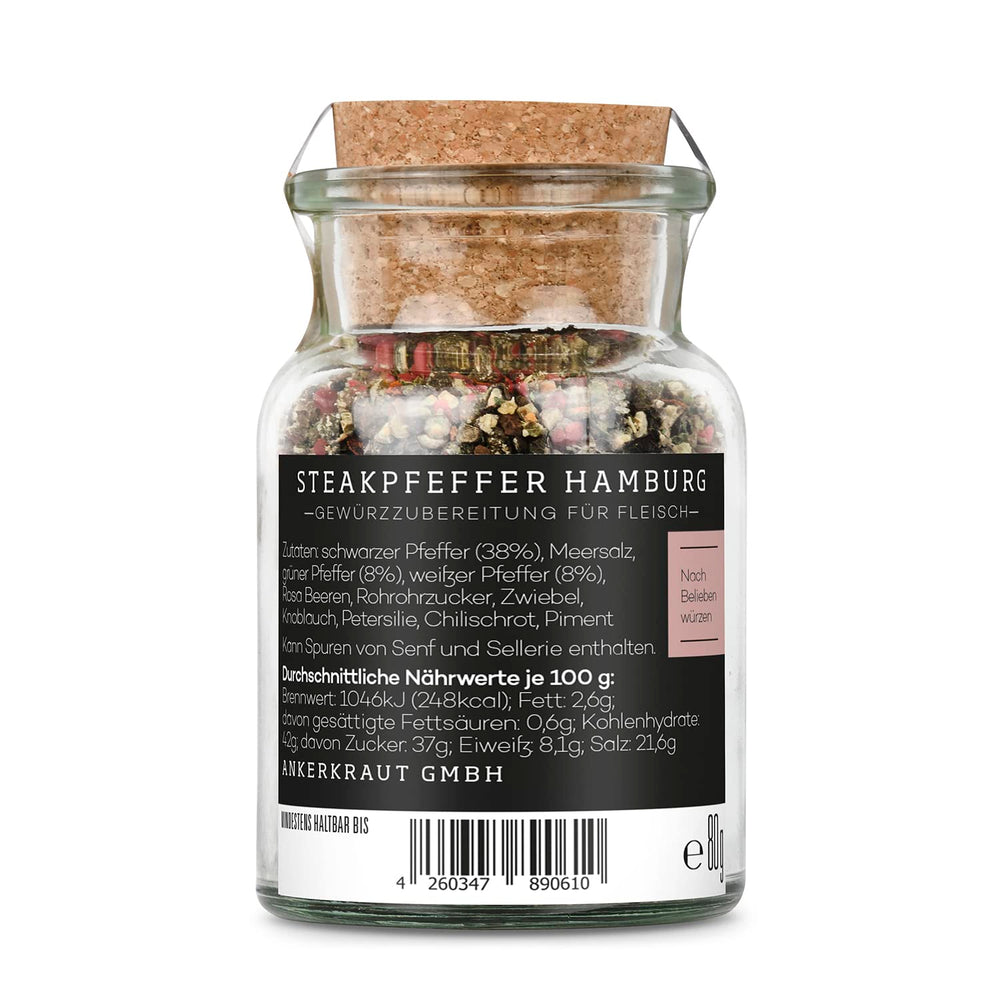 Ankerkraut Steakpfeffer Hamburg, Pfefferkörner Hausmischung, grober Steakhouse-Pfeffer, frische Note, Universal Allrounder, Lecker Kochen mit Qualität, 80 g dans Korkenglas