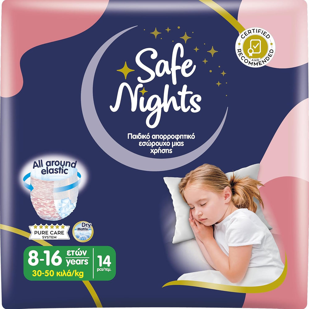 Safe Nights Girl, vêtements de nuit absorbants pour filles de 8 à 16 ans (30 à 50 kg), lot de 14