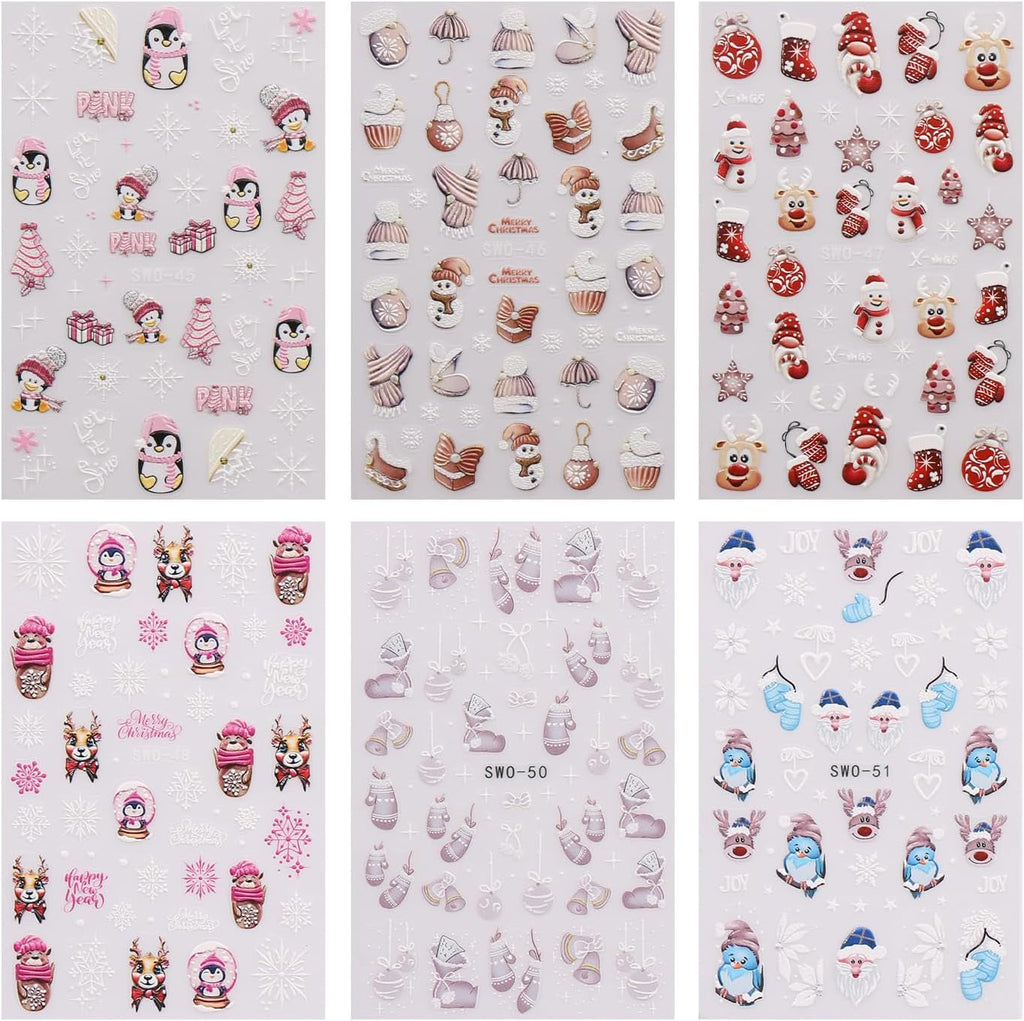 JMEOWIO Nagelsticker Weihnachten 6 Blatt Nail Art Sticker Selbstklebend Nagelaufkleber Schneeflocke Winter Urlaub Süß Dekoration Nageldesign Zubehör