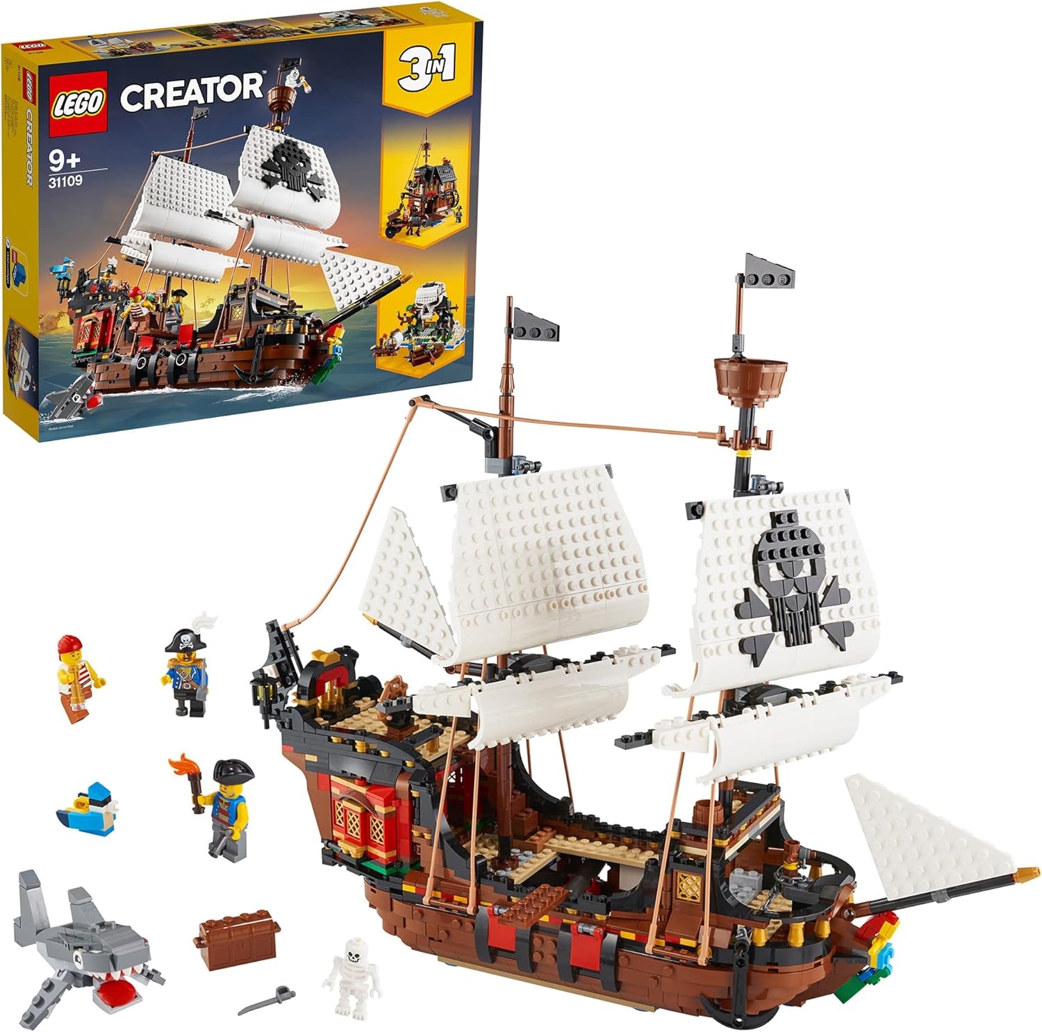 LEGO Creator Ensemble bateau pirate 3 en 1, jouet avec 3 options de construction, construisez une taverne de pirates ou une île de pirates en forme de crâne, comprend 3 figurines pour des aventures de jeu de rôle 31109 Ensembles de construction Besuche den LEGO-Store Emballage standard
