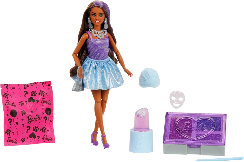 Barbie Party Unboxed Puppe und Accessoires, Glam Party Serie mit 10 Überraschungen, darunter eine rote glitzernde Puppe mit Farbwechseleffekt, JFY68
