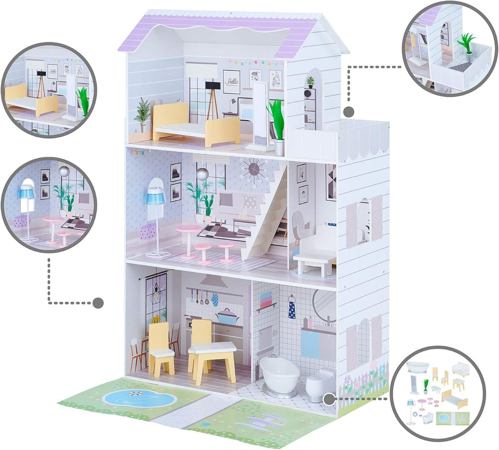 Teamson Kids Maison de poupée géante Olivias Little World avec 16 accessoires de poupée, maison de poupée en bois avec meubles, 3 étages, maison de poupée pour enfants pour poupées de 12 pouces/30 cm, à partir de 3 ans Naty Shop Doll Houses
