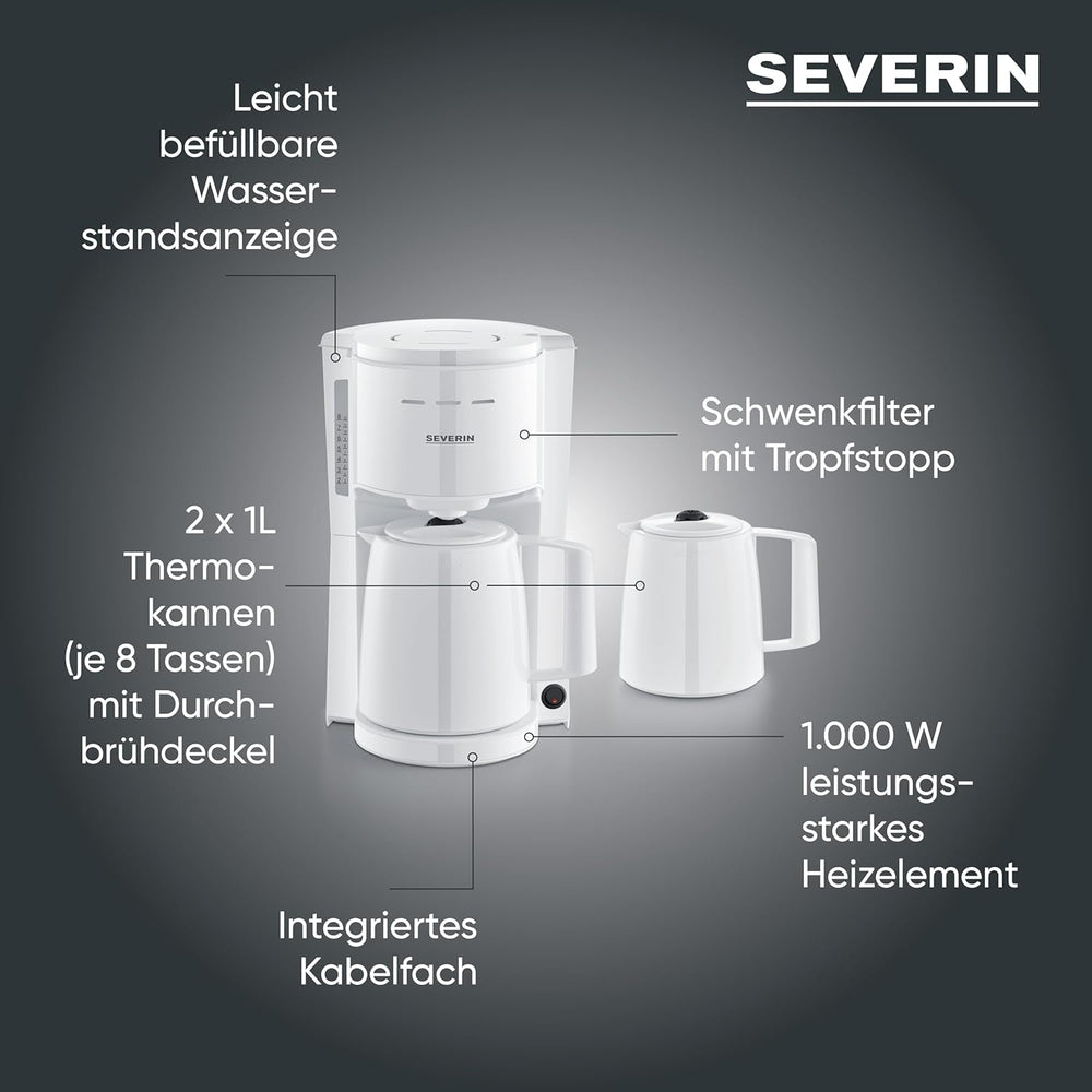 Machine à expresso Severin avec filtre et 2 carafes thermiques, machine à expresso avec couvercle, versement sans goutte, maintien longue température, arrêt automatique, 1000 W, env. 1 litre, blanc, KA 9309