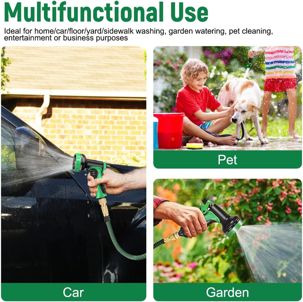 Tuyau d'arrosage flexible vert de 30 m/100 pieds avec buse de pulvérisation et connecteurs en laiton de 3/4" et 1/2" 10 fonctions Tuyau d'eau extensible 3 fois extensible sans pli pour sol de jardin, terrasse, voiture