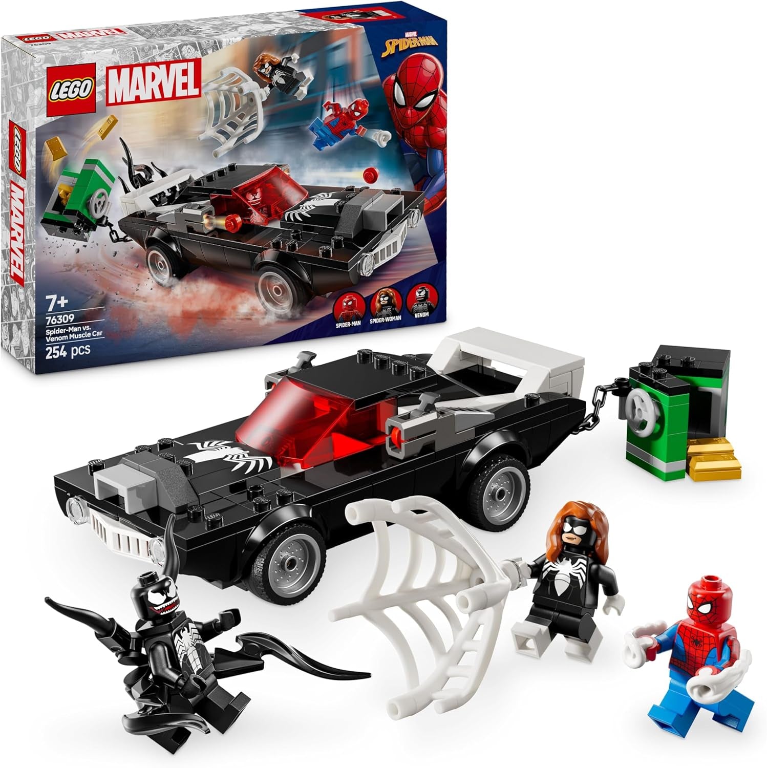 LEGO | Marvel Spider-Man Mech contre. Venom Muscle Car - Jeu de voiture avec 3 figurines Superhelden - Modèle de voiture avec Shootern - Conçu pour les jeunes et les filles à partir de 7 ans 76309