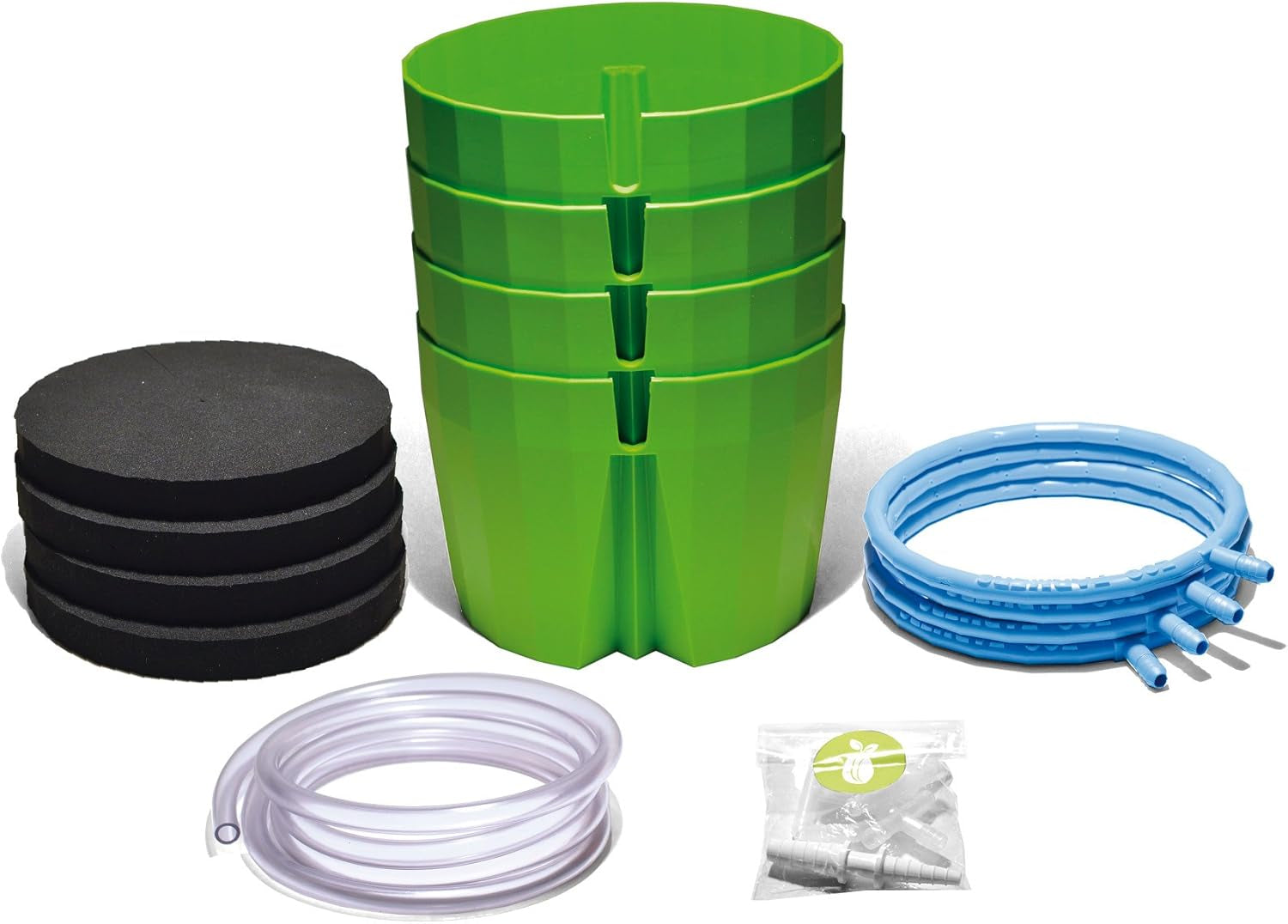 Hydro Farmer, set de pots 19 pièces Ø 18 cm (vert), système de culture comprenant 4 pots, 4 anneaux d'arrosage, 4 couvercles, kit adaptateur et tuyau 2 m, culture hydroponique, aéroponie