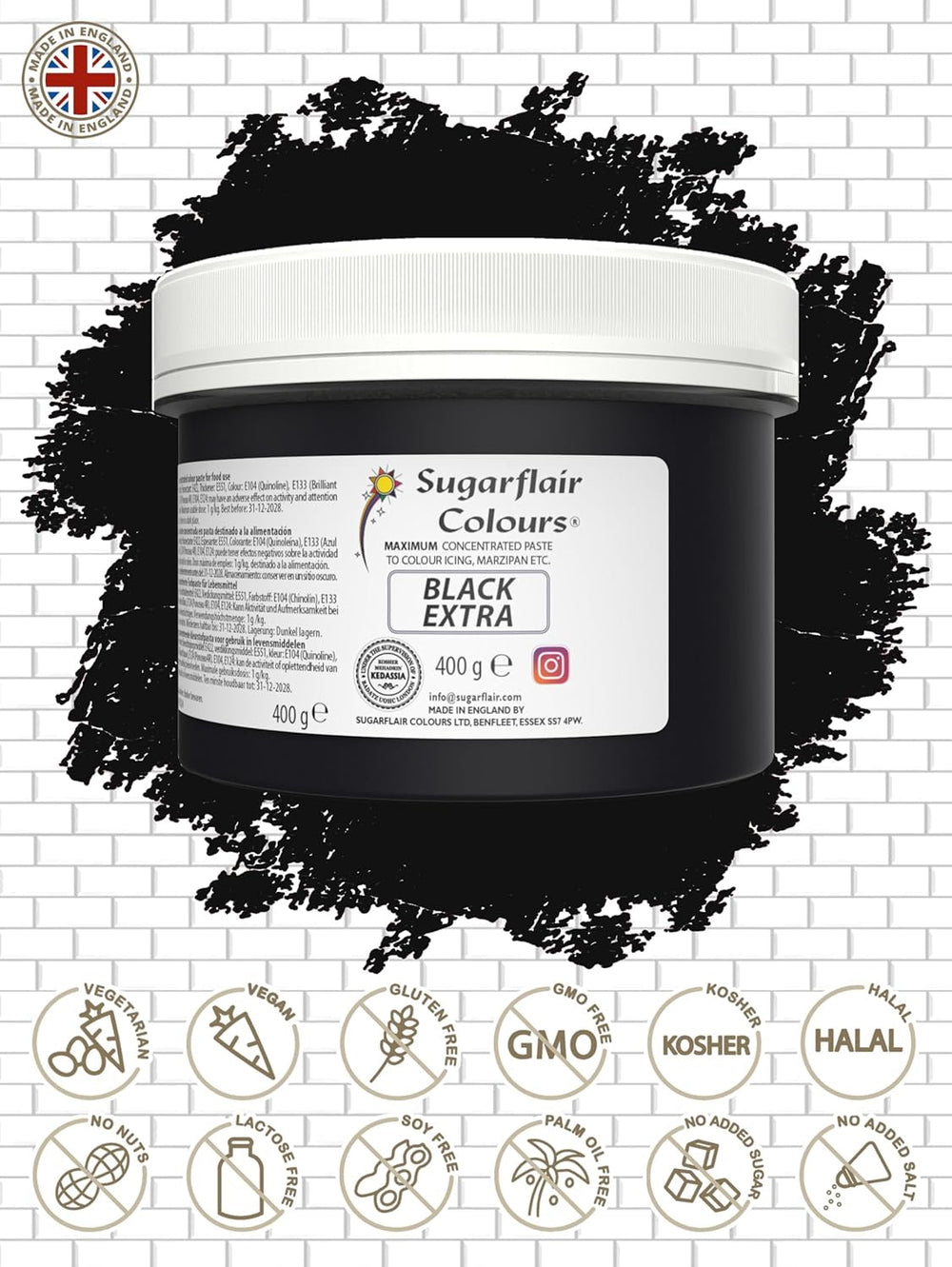 Colorant alimentaire Sugarflair Max Concentré Noir, colorant alimentaire très concentré pour pâte d'amande et fondant, colorant en pâte Max Concentrate - 400 g
