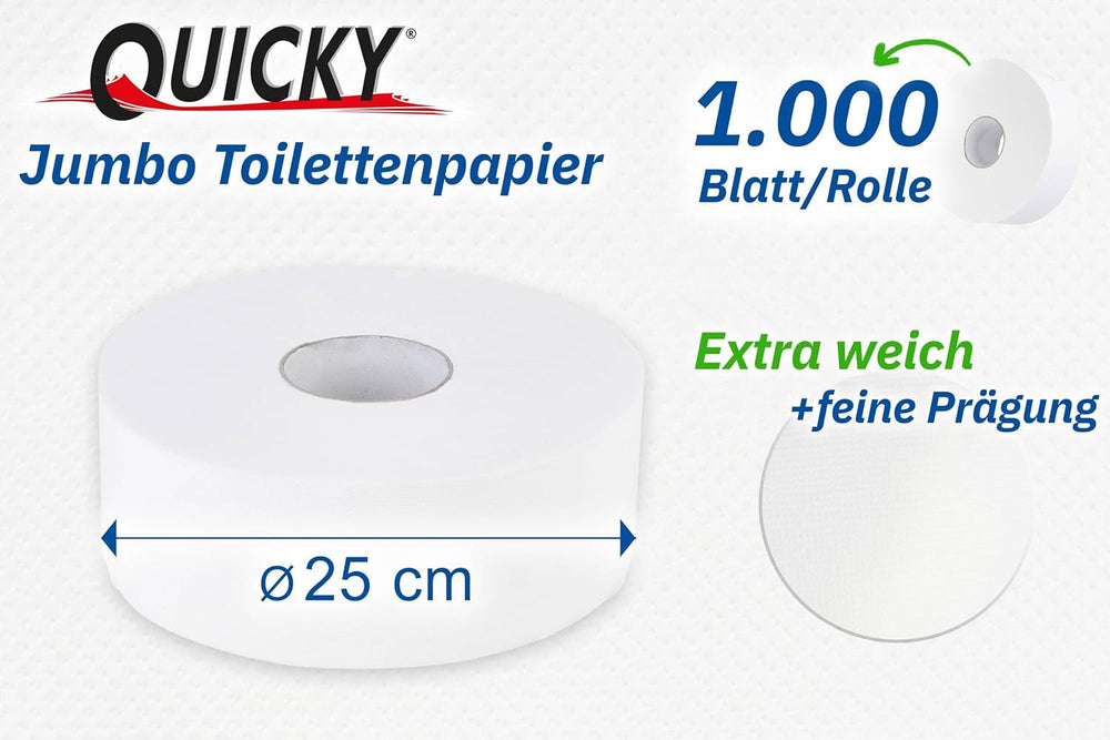 Papier toilette Quicky Jumbo 2 épaisseurs, 25 cm Ø, blanc brillant, gaufré à pois fins, 6 rouleaux - absorbant et indéchirable pour une hygiène maximale, idéal pour les institutions publiques et l'industrie