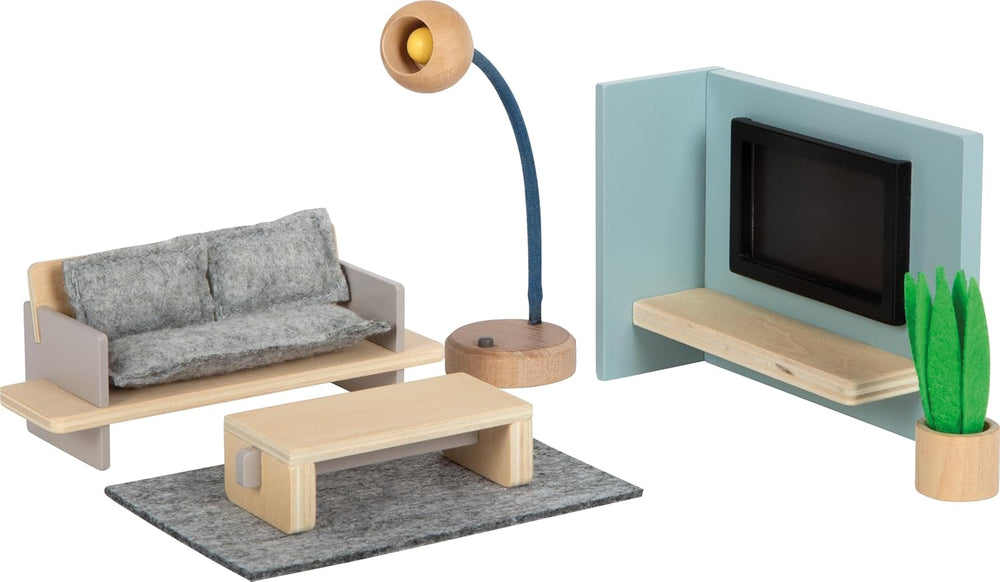 Small Foot Maison de poupée en bois de couleur naturelle – Toit-terrasse à 3 niveaux et ensemble de meubles de 51 pièces encourage le jeu créatif, convient aux enfants de 3 ans et plus, 12541