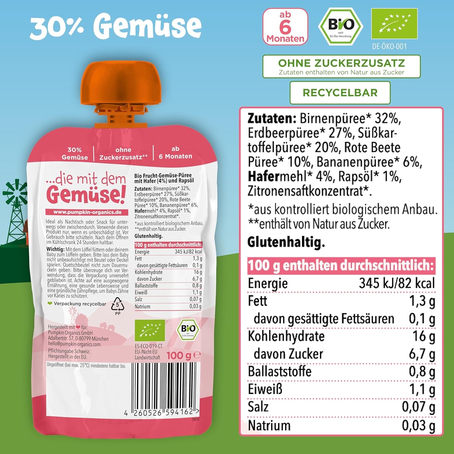 Sachets de légumes et céréales biologiques Pumpkin Organics, pack de 8 : Poire, Fraises, Patate douce, Betterave, Banane, Avoine - Sans sucre ajouté¹ - Dès 6 mois - comme collation ou aliment complémentaire dans l'emballage (8 x 100g)