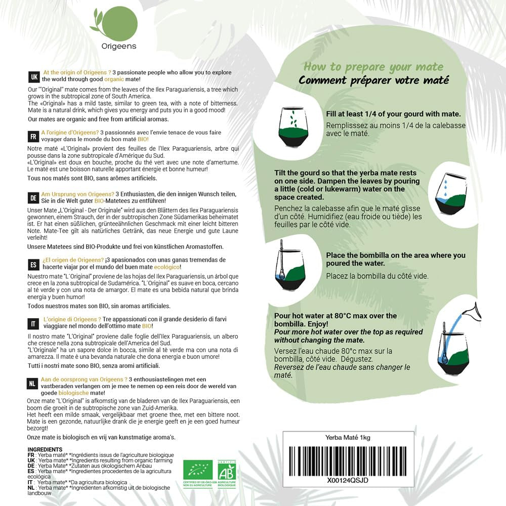 ORIGEENS BIO YERBA MATE TEA 1 KG - L'Original I Non torréfié, sans feuilles, sans tiges, sans poussière et sans miettes I Boisson énergisante et détoxifiante