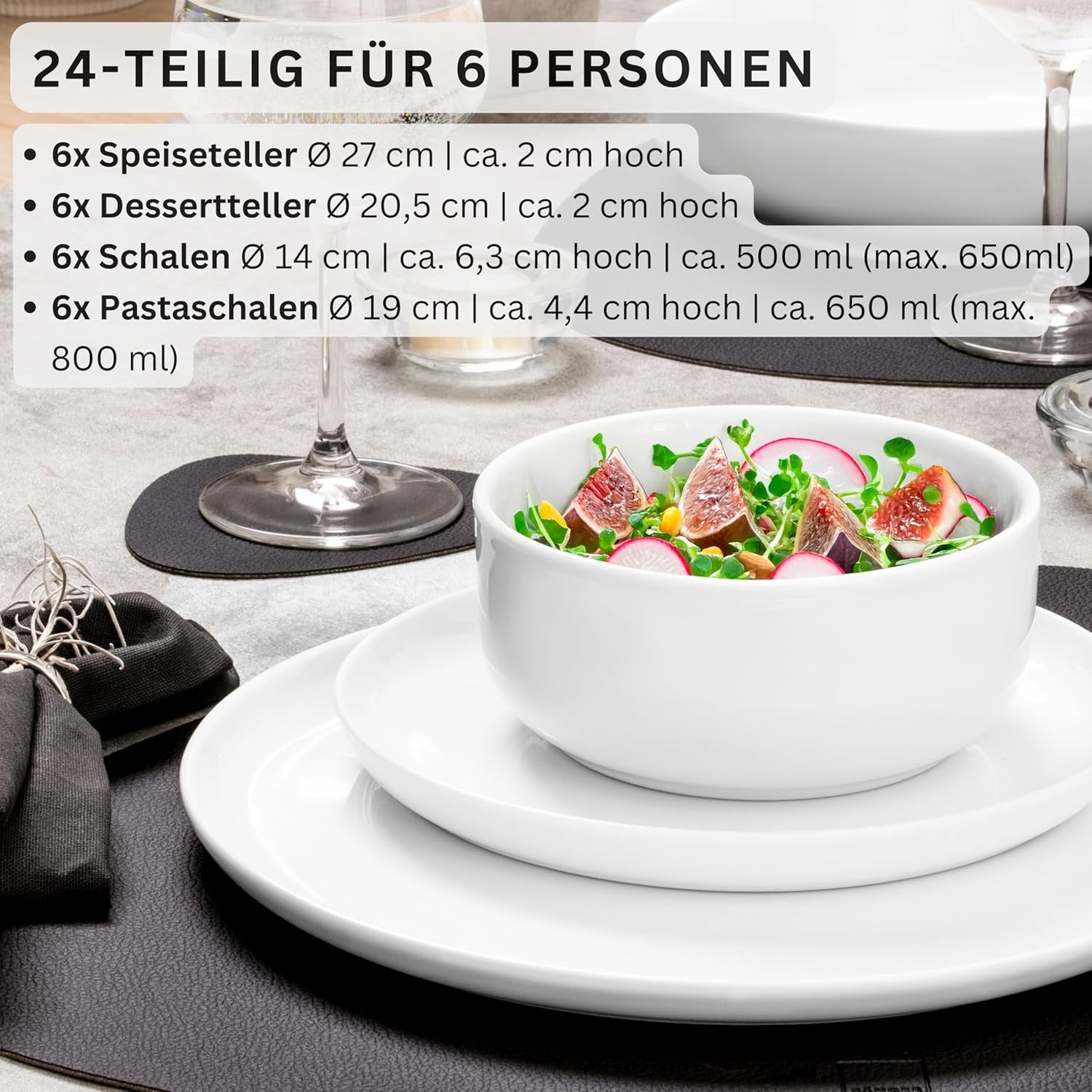 SANGER | Marlo White Service de table 24 pièces pour 6 personnes avec assiettes à dessert, assiettes plates, bols et bols à céréales, service de table en porcelaine, vaisselle au design moderne, collection PREMIUM