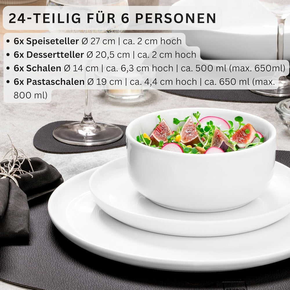 SANGER | Marlo White Service de table 24 pièces pour 6 personnes avec assiettes à dessert, assiettes plates, bols et bols à céréales, service de table en porcelaine, vaisselle au design moderne, collection PREMIUM