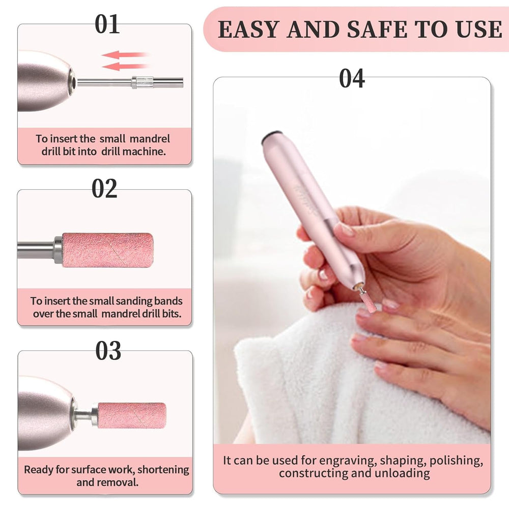 BLESWIN 100 petites bandes abrasives pour forets à ongles, grain fin 240 avec 2 forets de 3 mm, mini bandes abrasives pour polir les ongles naturels et nettoyer les cuticules pour la préparation, rose