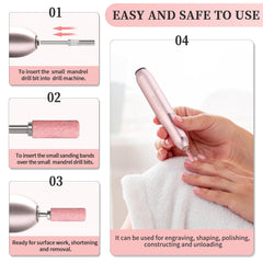 BLESWIN 100 petites bandes abrasives pour forets à ongles, grain fin 240 avec 2 forets de 3 mm, mini bandes abrasives pour polir les ongles naturels et nettoyer les cuticules pour la préparation, rose