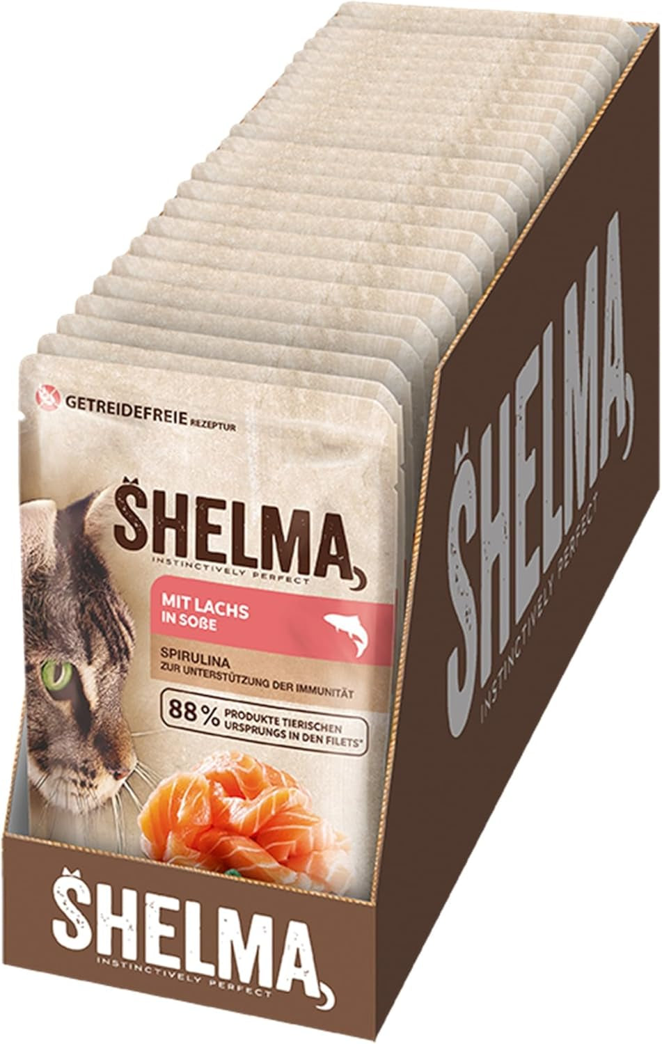Shelma Katzen-Nassfutter mit Lachs in Sauce and Spirulina – Getreidefreies Alleinfuttermittel mit hohem Fleischanteil – 28 x 85 g (2,4 kg)