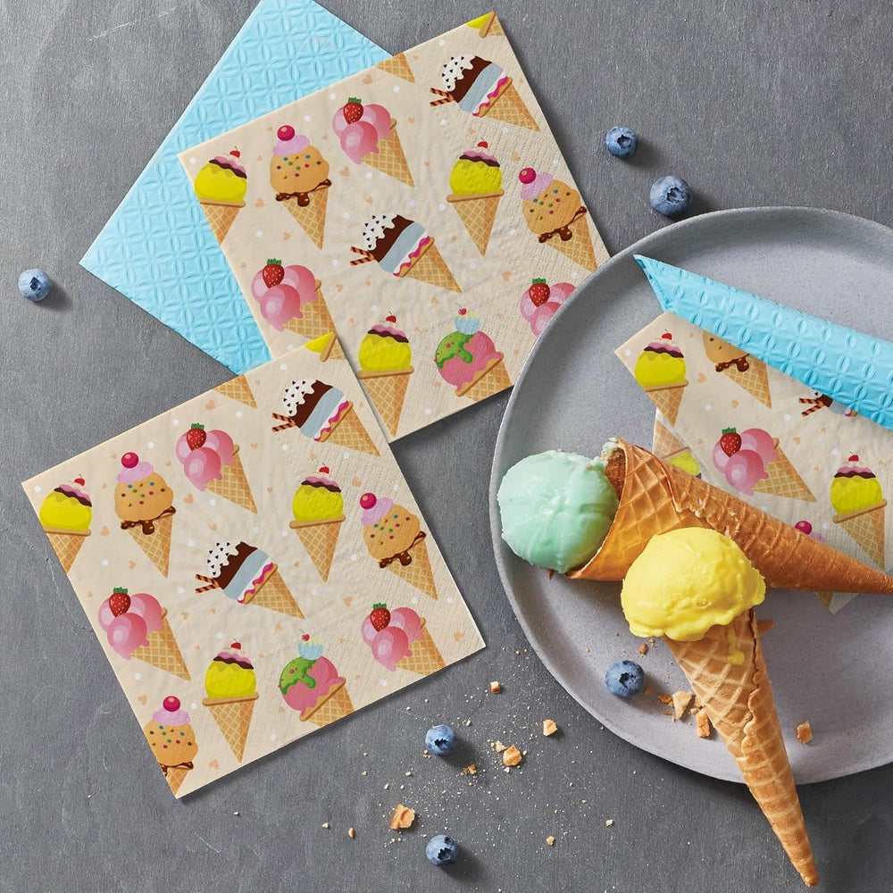 PAW - Serviettes 3 Plis (33 X 33 Cm) I 20 Pièces I Parfaites pour les Fêtes, Anniversaires, Vacances I Décorations de Table pour Fêtes d'Enfants - Serviettes en Papier à Motifs Colorés - Glace I Glace