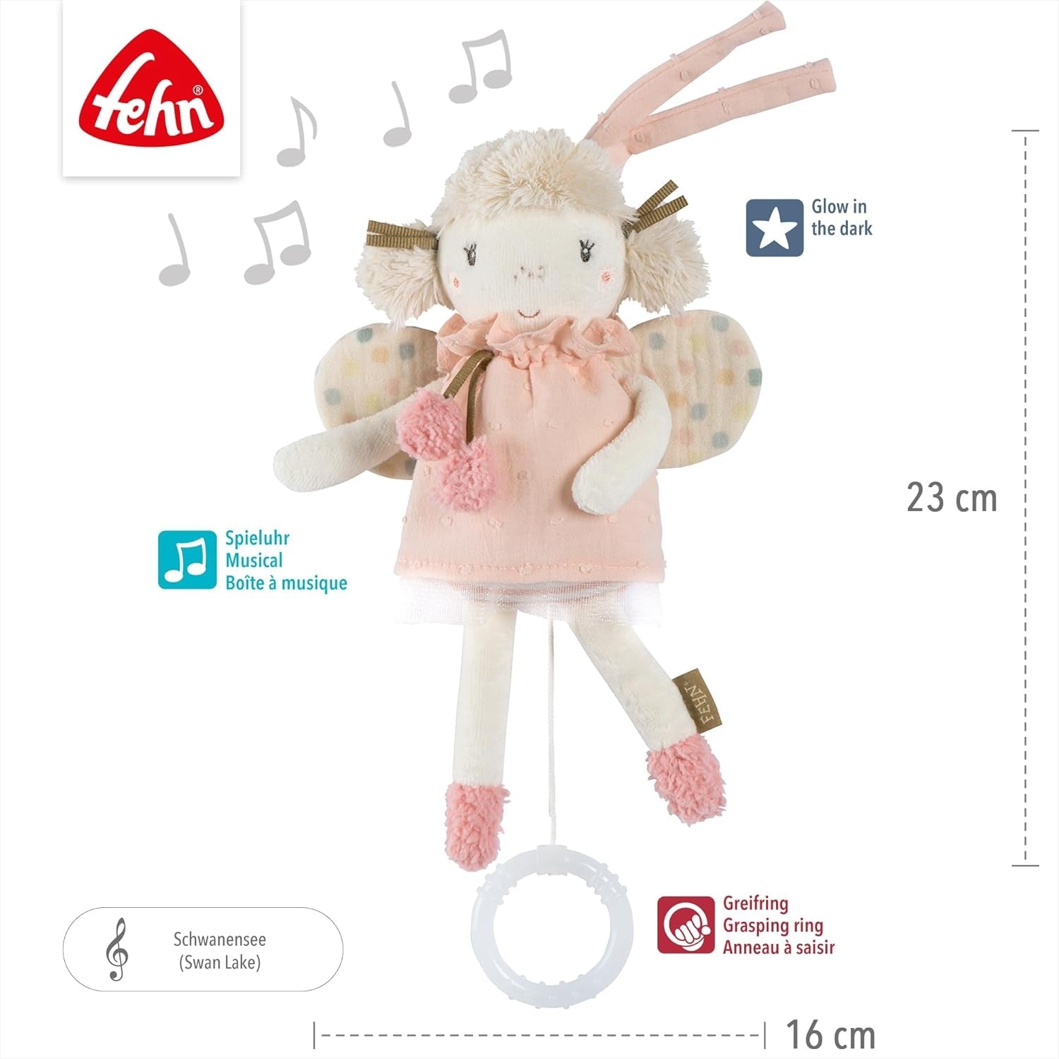 Fehn mini music box fairy - jucărie de pluș și ajutor pentru somn: cutie muzicală cu vânt cu melodia moale "Lacul lebedelor" liniștește în orice situație - pentru bebeluși și copii mici de la 0+ luni Jucarii Bebe Naty Shop