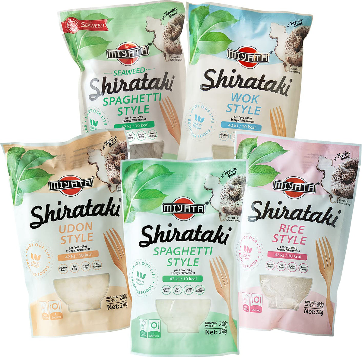 Miyata Shirataki Boîte mixte de 5 variétés différentes, nouilles à la farine de konjac, 5 paquets (5 x 270 g)