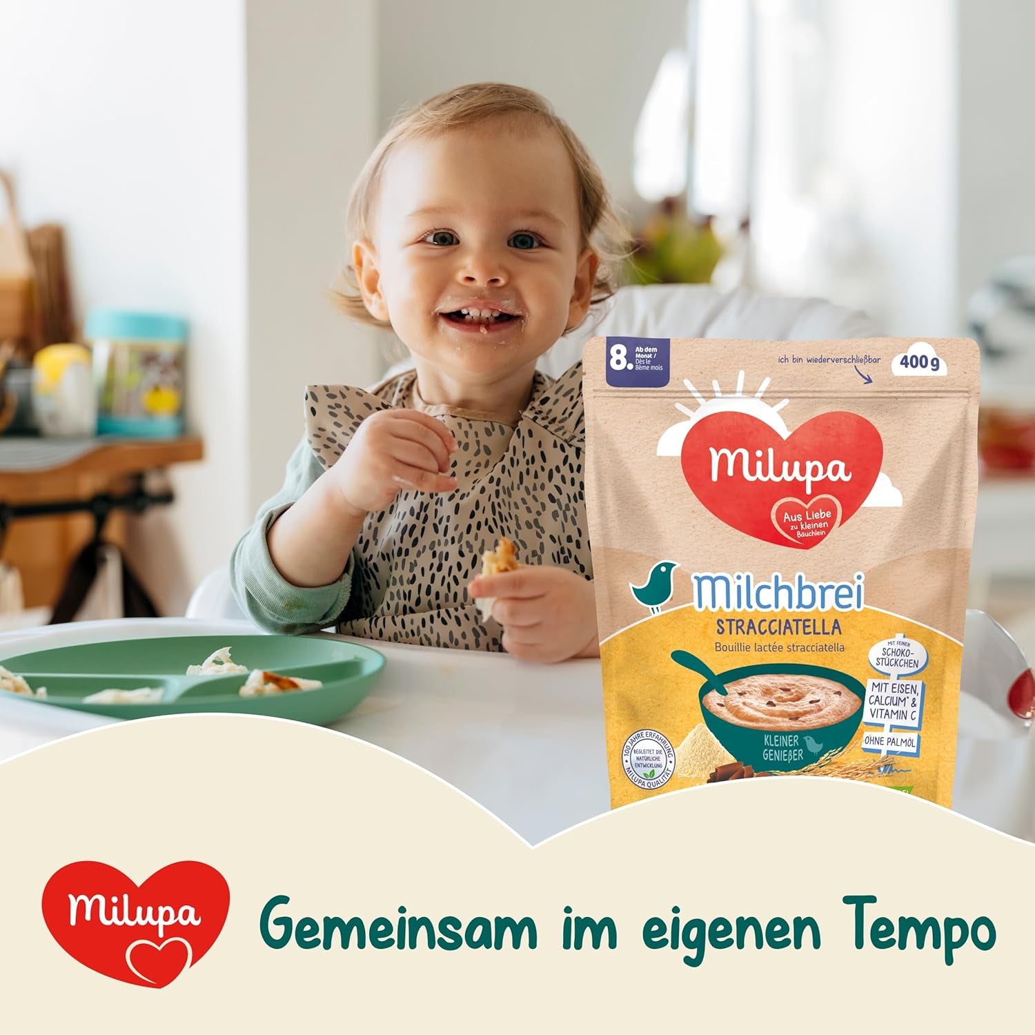 Milupa Stracciatella Milk Porridge - Céréales pour bébé sans gluten, sans huile de palme - Sans conservateurs ni colorants - Dès 8 mois - 4 x 400 g