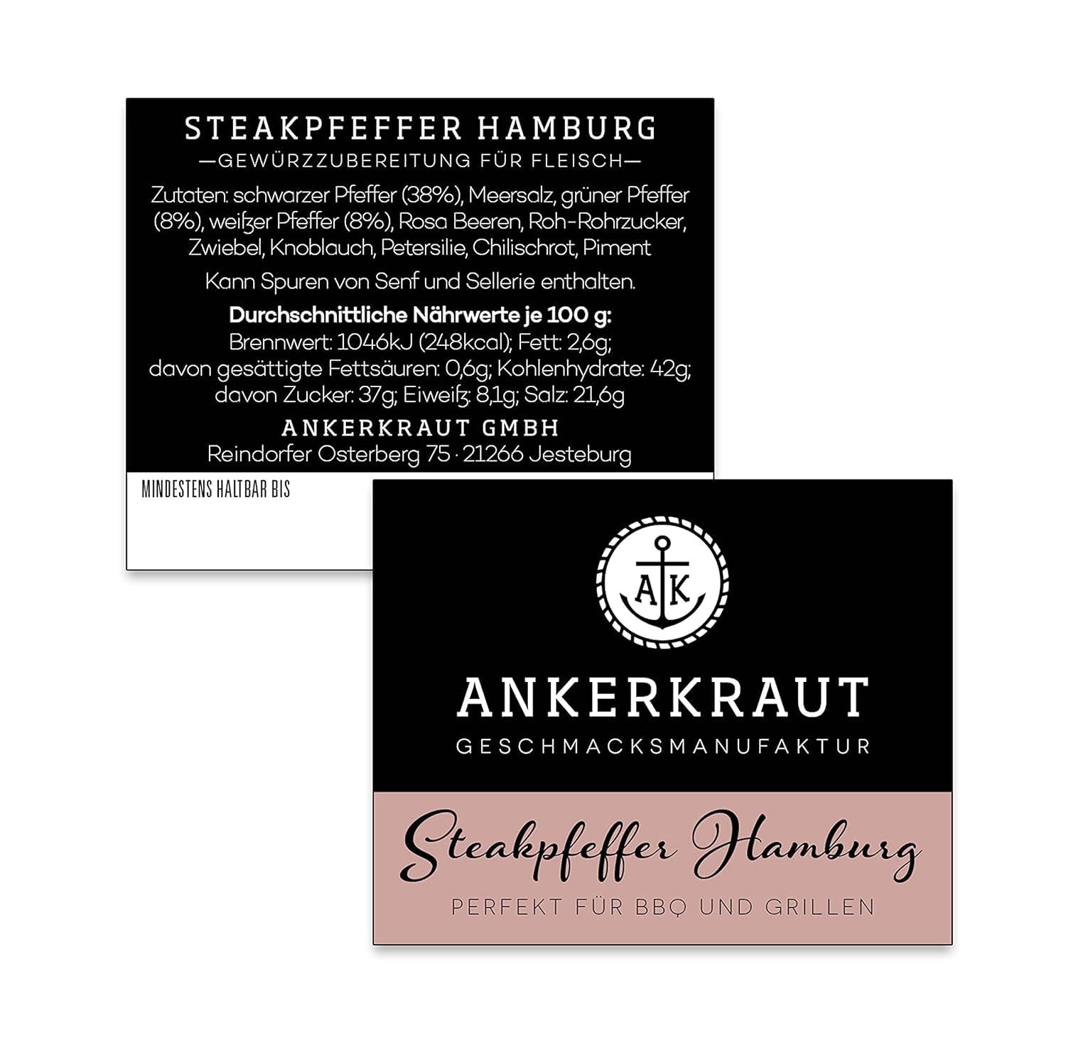 Ankerkraut Steakpfeffer Hamburg, Pfefferkörner Hausmischung, grober Steakhouse-Pfeffer, frische Note, Universal Allrounder, Lecker Kochen mit Qualität, 80 g dans Korkenglas