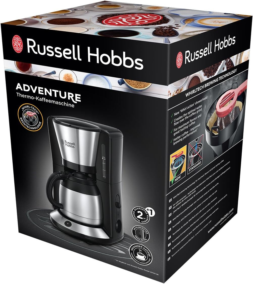 Cafetière Russell Hobbs [Pomme de douche pour une extraction et un arôme optimaux] Adventure (1 à 8 tasses, carafe thermique 1,0 L, arrêt automatique, système anti-goutte, 1100 W) Cafetière à filtre 24020-56