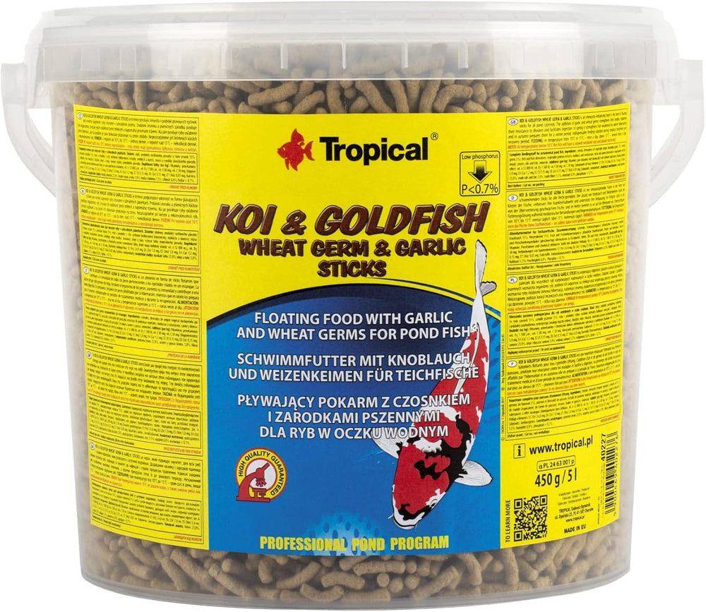Bâtonnets de germe de blé et d'ail KOI&Goldfish 5L / 430g - Aliment pour poissons de bassin pour l'alimentation quotidienne des poissons koï dans une large plage de température de 8 à 30°C
