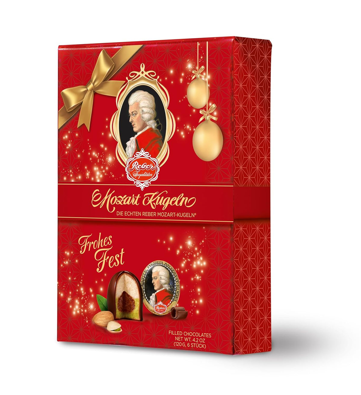 Reber Authentiques Boules Mozart Édition Noël Pralines Au Chocolat Noir Massepain Nougat Idéal Cadeau De Noël Pack de 12
