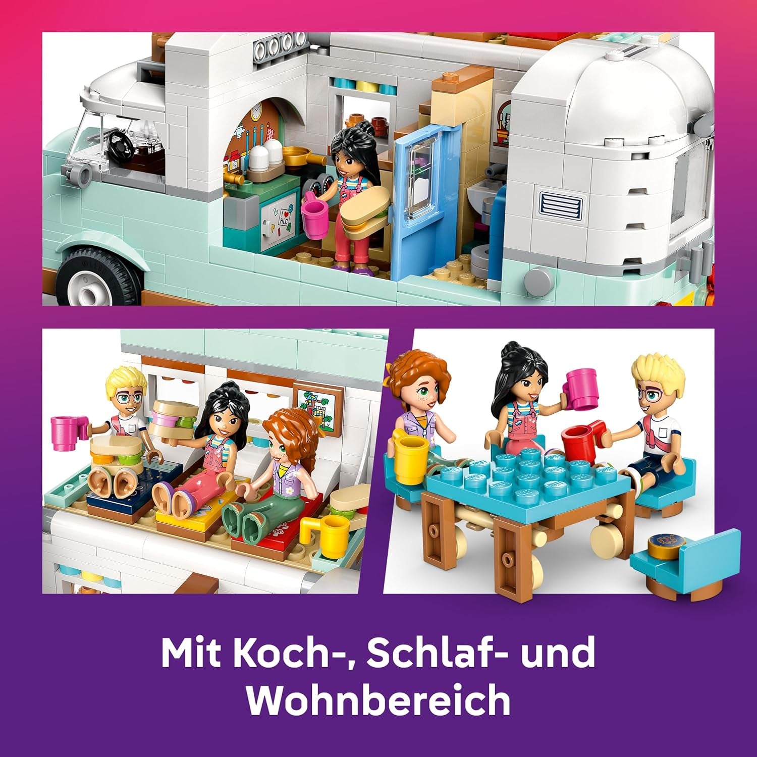 LEGO Friends Wohnmobil, Bauset für Rollenspiele mit einem Spielzeug Wohnwagen, Geschenk für Mädchen ab 7 Jahren, kreatives Spielset mit 3 Minifiguren und Frettchen Tierfigur 42663
