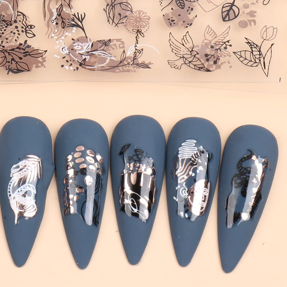 JMEOWIO Nagelsticker Rose Gold Schwarze Blume 12 Blatt Nail Art Sticker Selbstklebend Nagelaufkleber Frühlings Linie Abstraktes Blatt Dekoration Nageldesign Zubehör