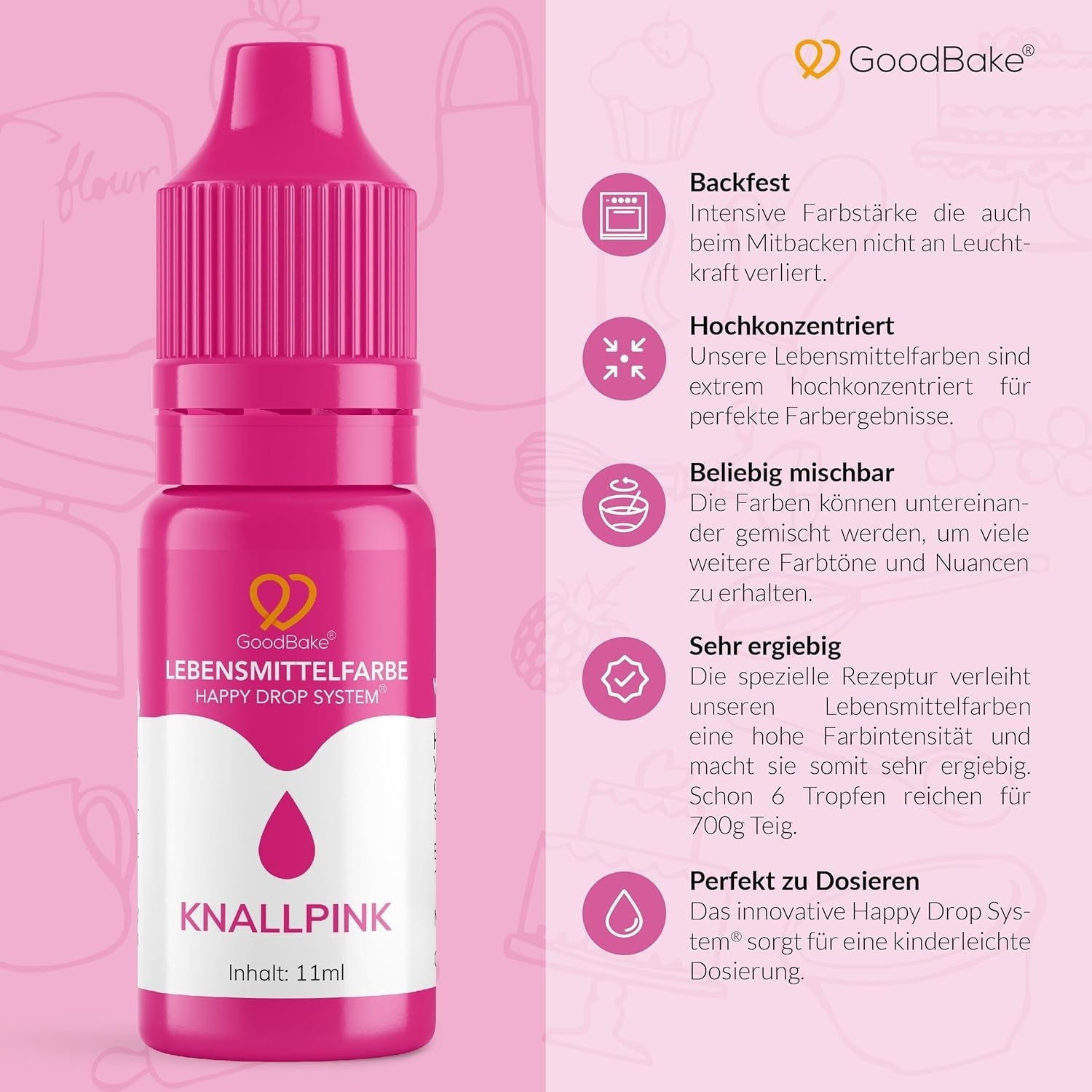 Colorant alimentaire rose Goodbake (11 ml) - Colorant alimentaire intense - Couleur très concentrée - Pour colorer les gâteaux, fondants, crèmes au beurre, boissons, slime et bien d'autres articles. 100% végétalien