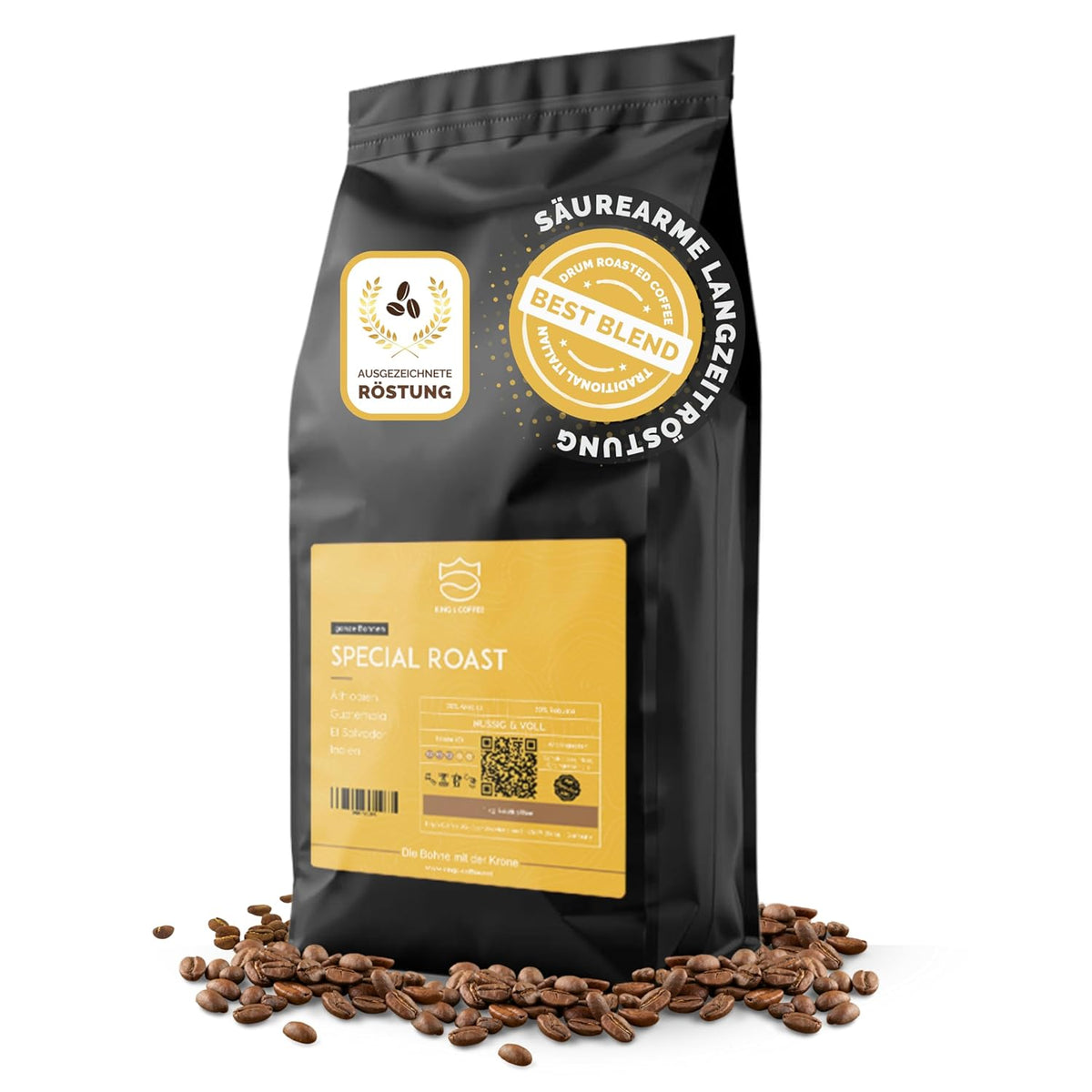 KING'S COFFEE - SPECIAL ROAST - 1 kg de grains d'espresso Barista Premium - Café à faible acidité - Torréfaction en petits lots en Italie - Le meilleur mélange Arabica-Robusta pour machines entièrement automatiques et porte-filtres