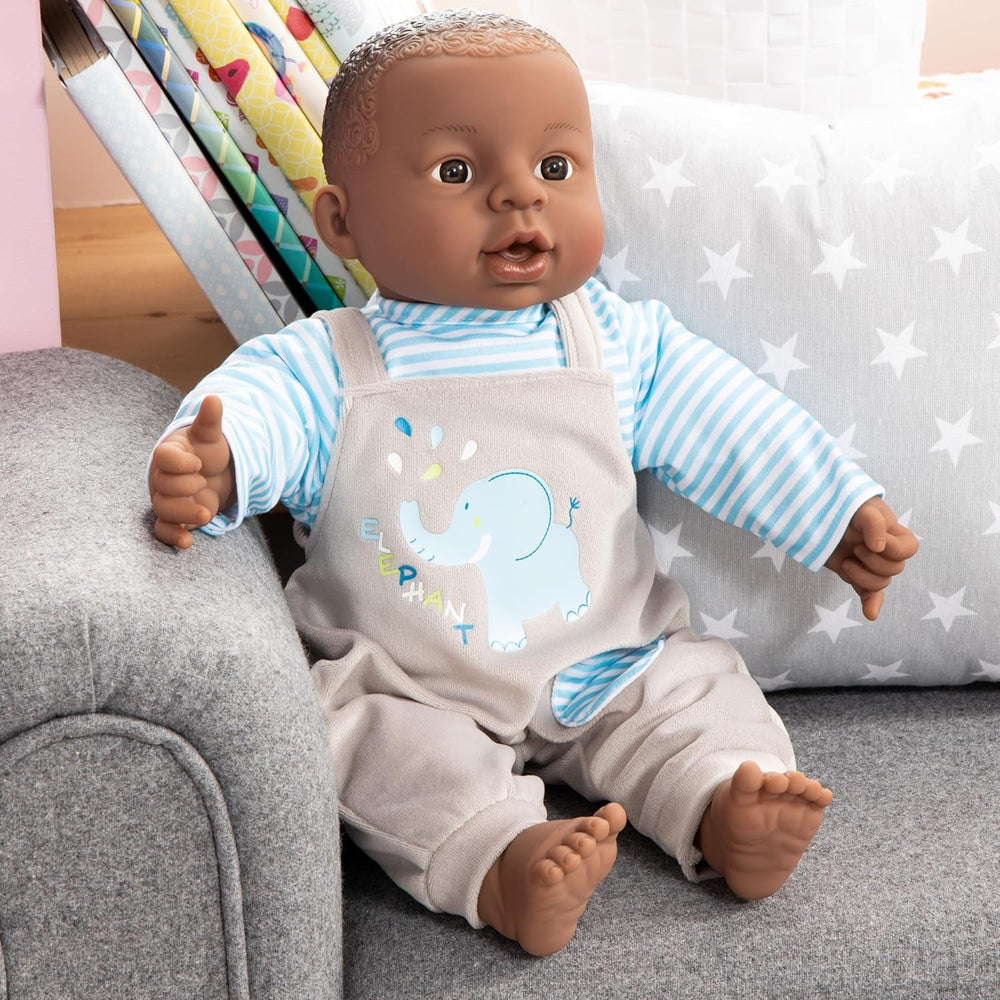 Bayer Design 94001AH Funktionspuppe, Babypuppe Interaktiv, Junge, sprechend, weicher Körper, 40 cm, dunkelhäutig, Blau