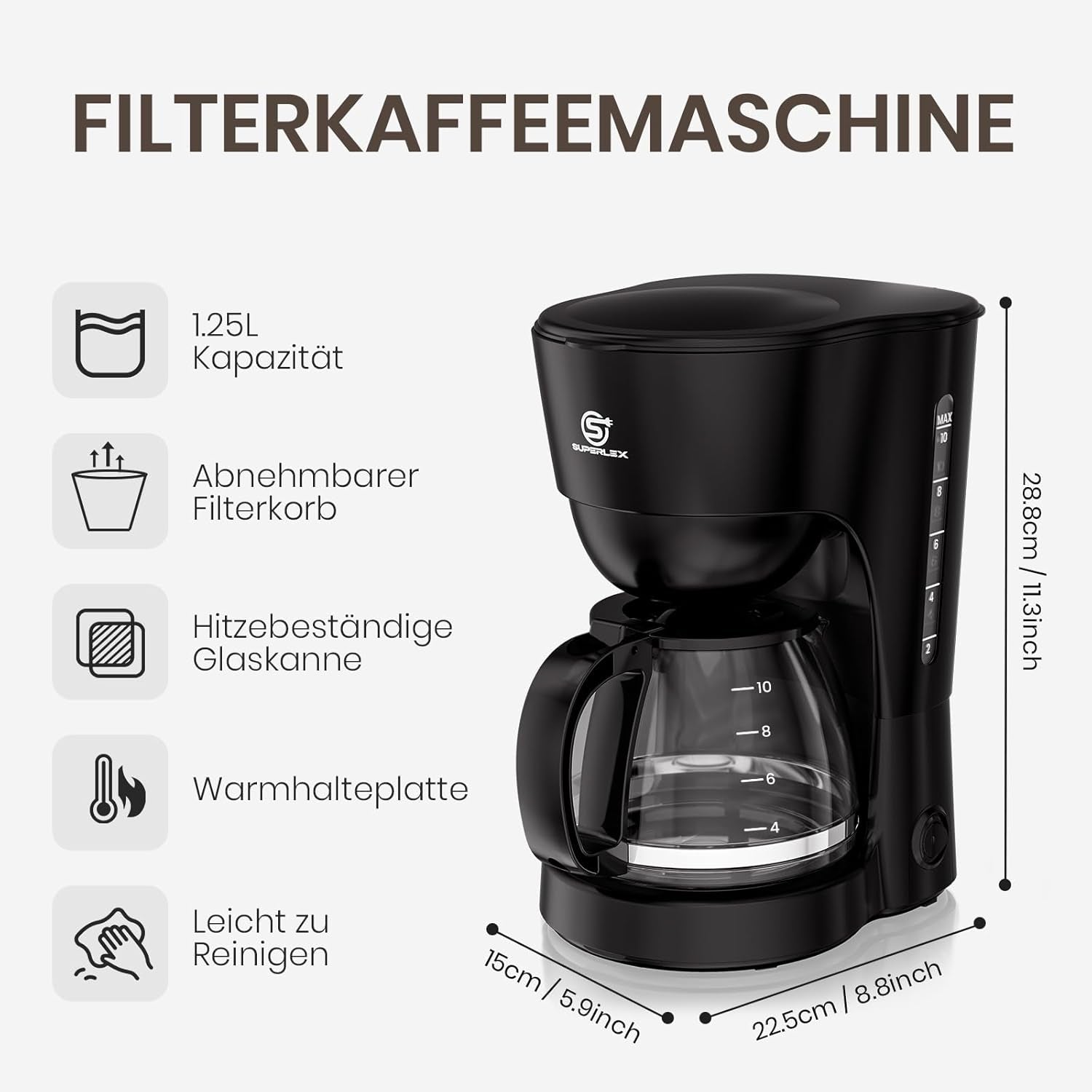 Cafetière filtre 1,25 L pour 10 tasses de café filtre, carafe en verre lavable au lave-vaisselle, thermos, système anti-goutte, arrêt automatique, 600 W, protection contre l'ébullition sans eau pour la maison et le bureau