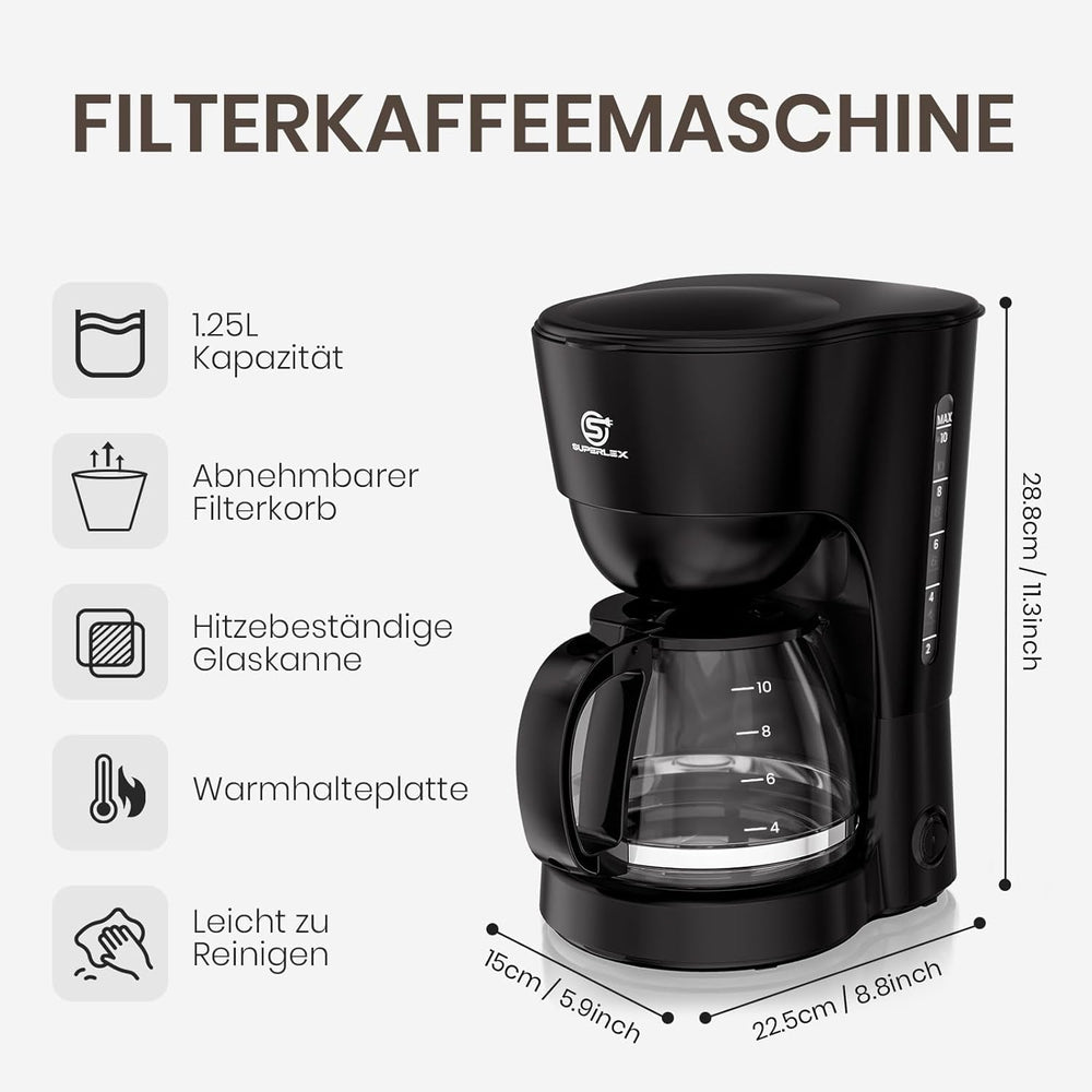 Cafetière filtre 1,25 L pour 10 tasses de café filtre, carafe en verre lavable au lave-vaisselle, thermos, système anti-goutte, arrêt automatique, 600 W, protection contre l'ébullition sans eau pour la maison et le bureau