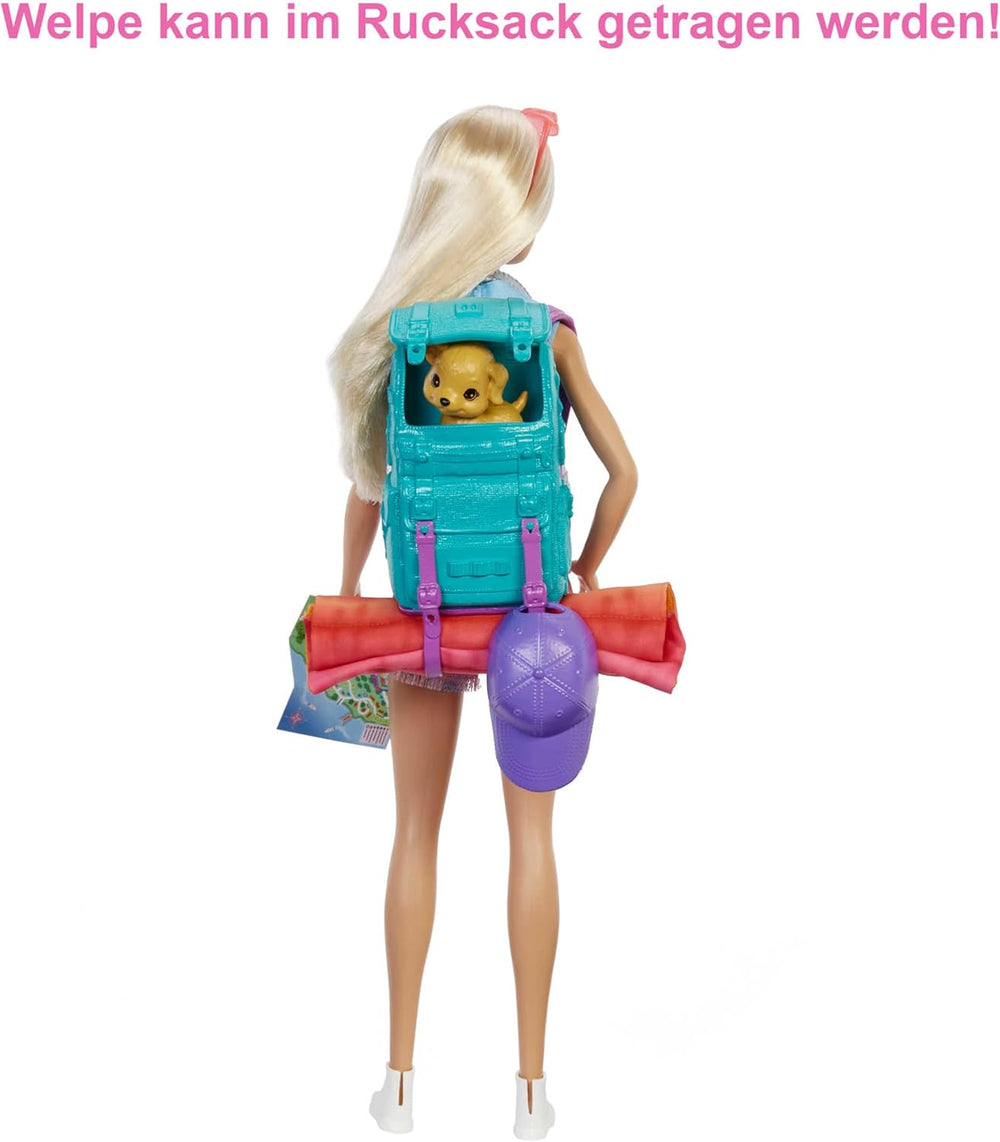 Barbie Camping Serie, 1x Puppe mit blonden Haaren, Wanderrucksack, Outdoor-Ausrüstung, Fernglas, Landkarte, Welpe, Zubehör, Geschenk für Kinder, Spielzeug ab 3 Jahre,HDF73