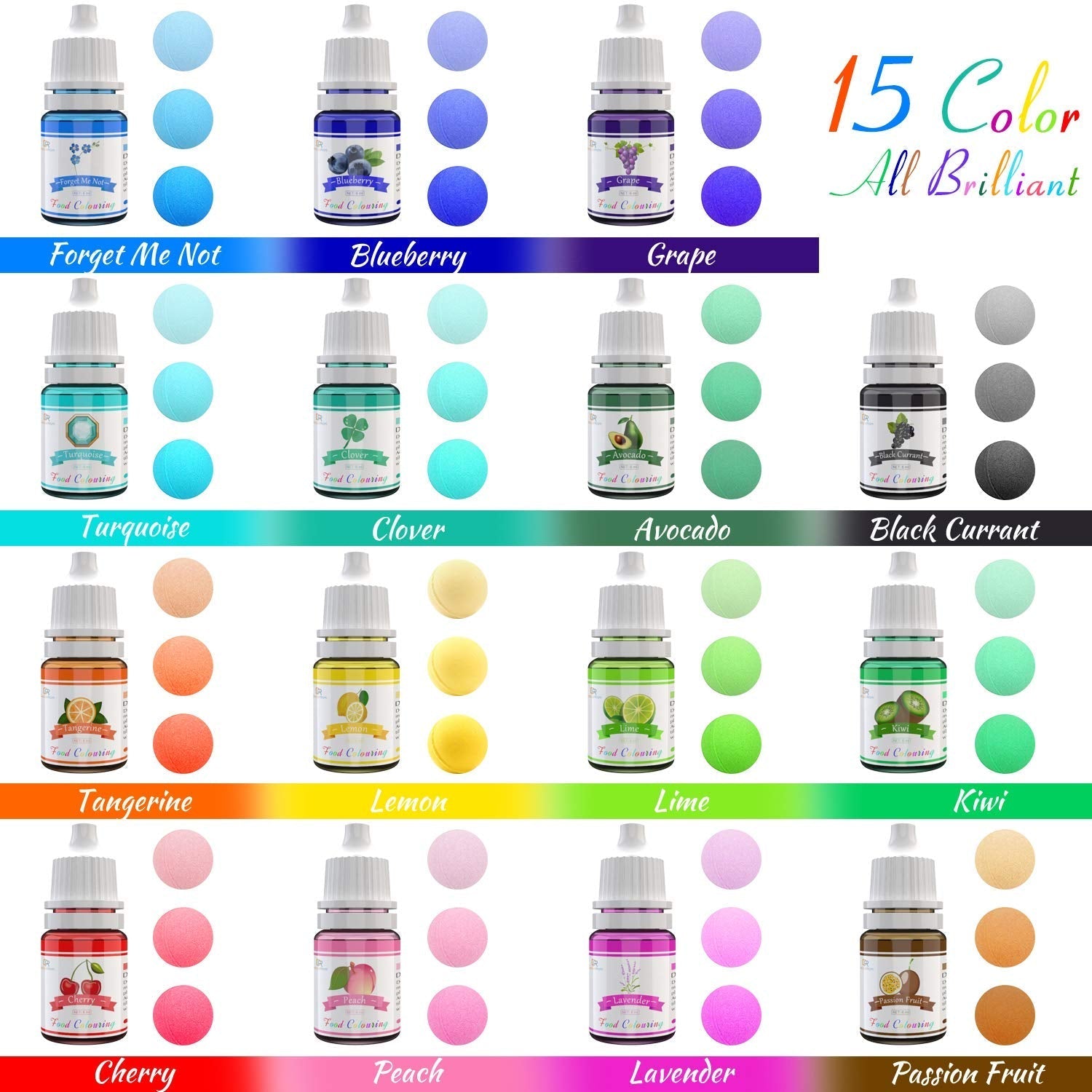 Colorant alimentar - Set de 15 coloranți alimentari lichizi pentru copt torturi, fursecuri, macaroane - Colorant alimentar foarte concentrat pentru decorarea torturilor, slime DIY, colorare pentru artizanat - 6 ml fiecare