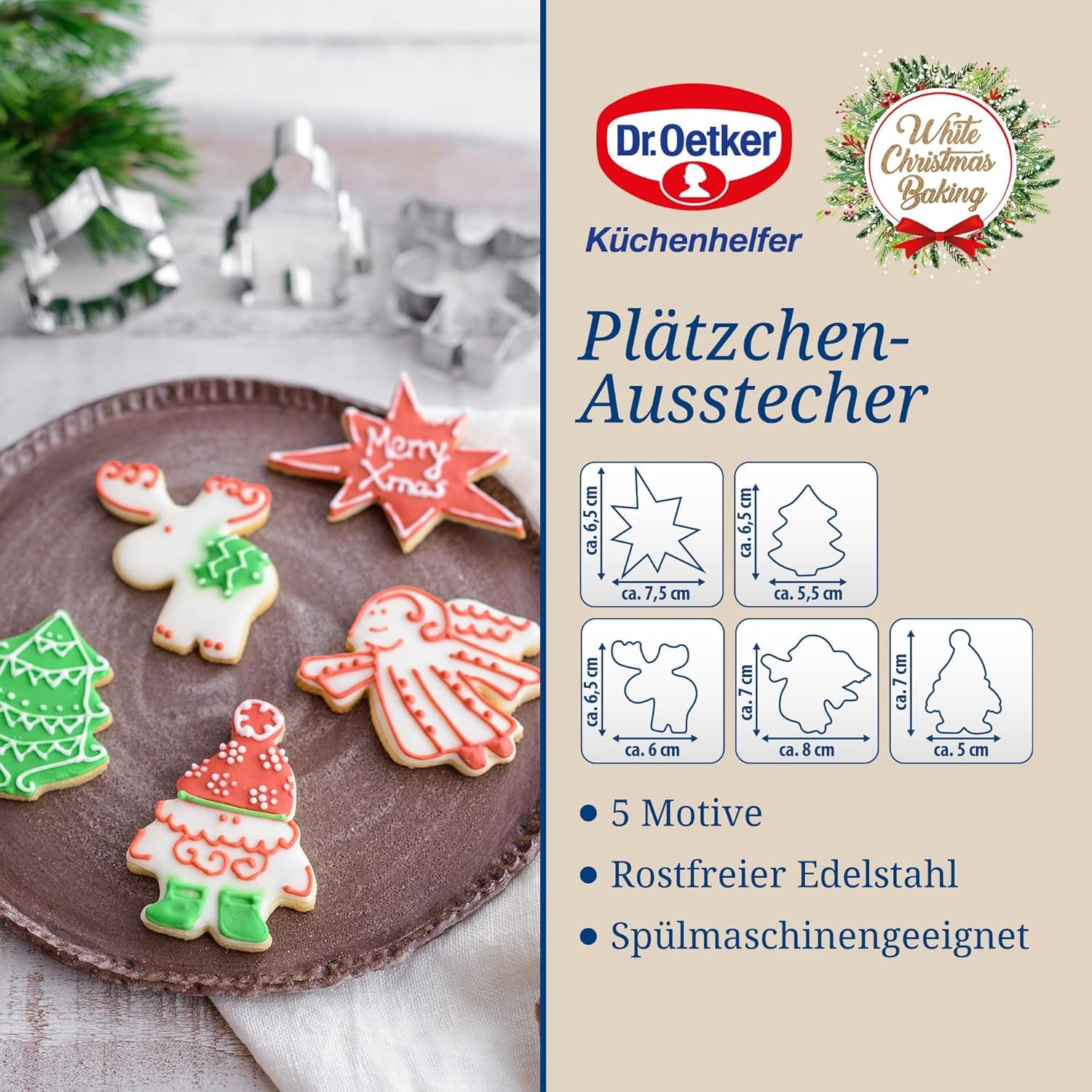 Dr. Oetker Lot de 5 emporte-pièces de Noël – Emporte-pièces blancs pour la pâtisserie de Noël – Emporte-pièces en acier inoxydable pour Noël