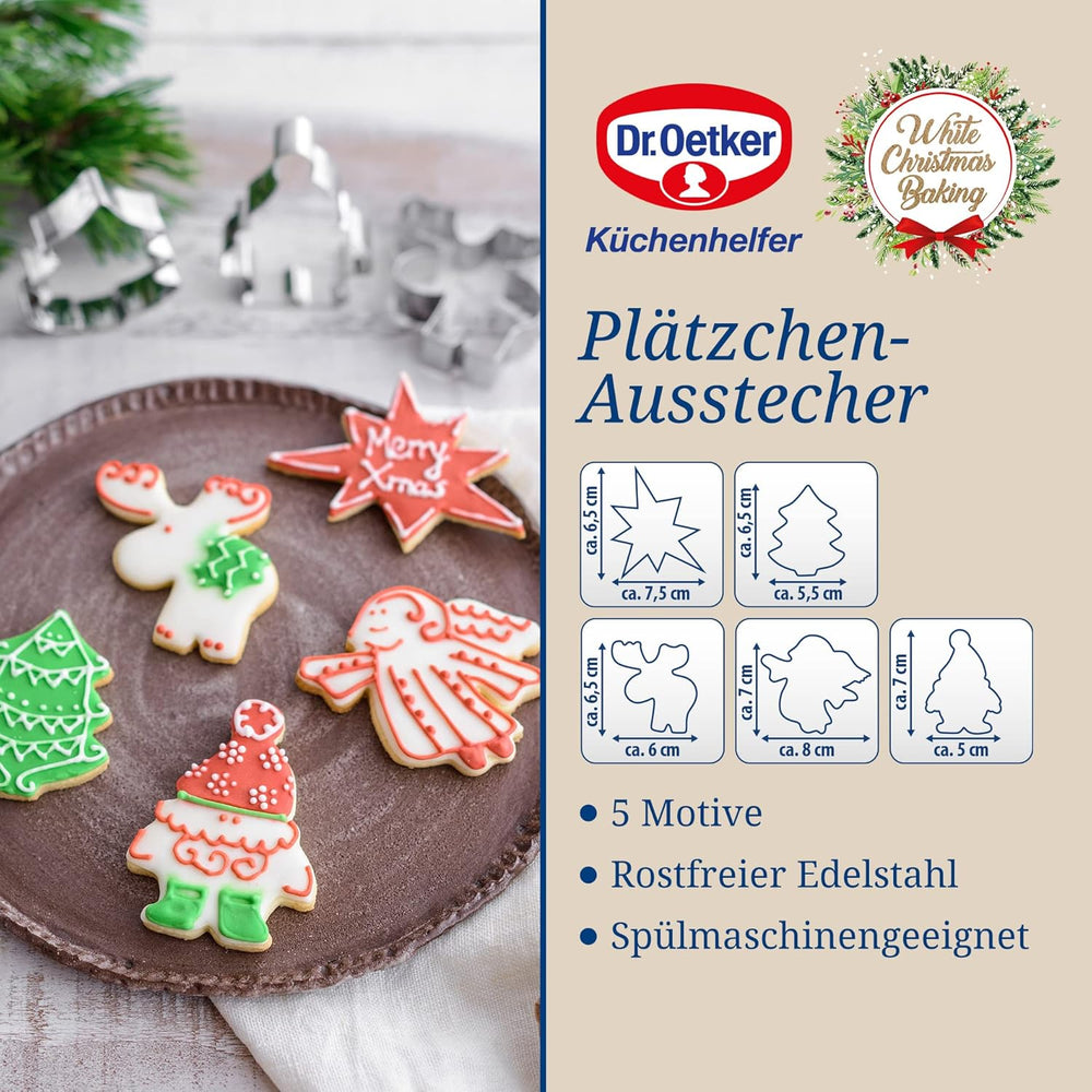Dr. Oetker Lot de 5 emporte-pièces de Noël – Emporte-pièces blancs pour la pâtisserie de Noël – Emporte-pièces en acier inoxydable pour Noël