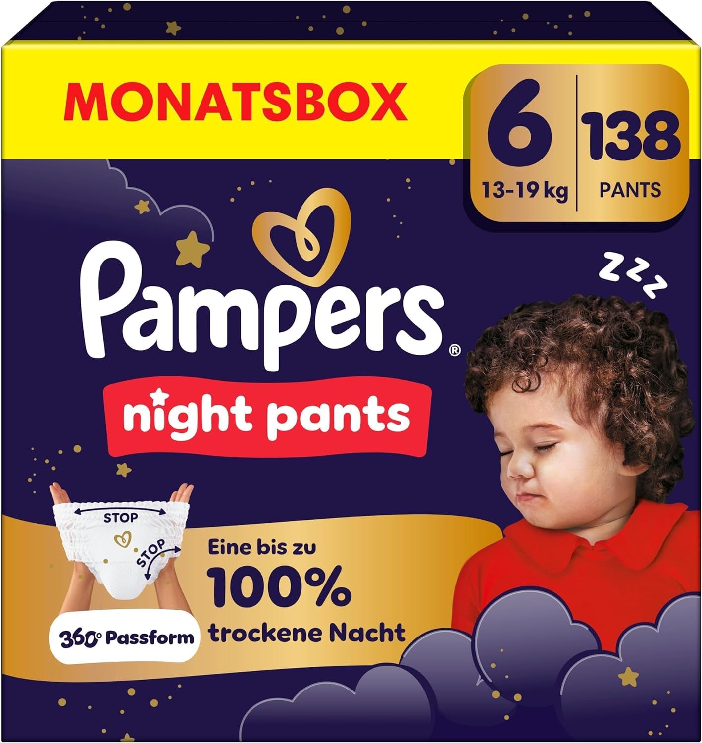 Les couches Pampers Night Pants taille 6, 138 pièces, 13 kg-19 kg, offrent une protection supplémentaire pour toute la nuit.