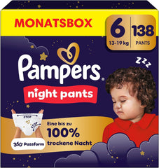 Les couches Pampers Night Pants taille 6, 138 pièces, 13 kg-19 kg, offrent une protection supplémentaire pour toute la nuit.